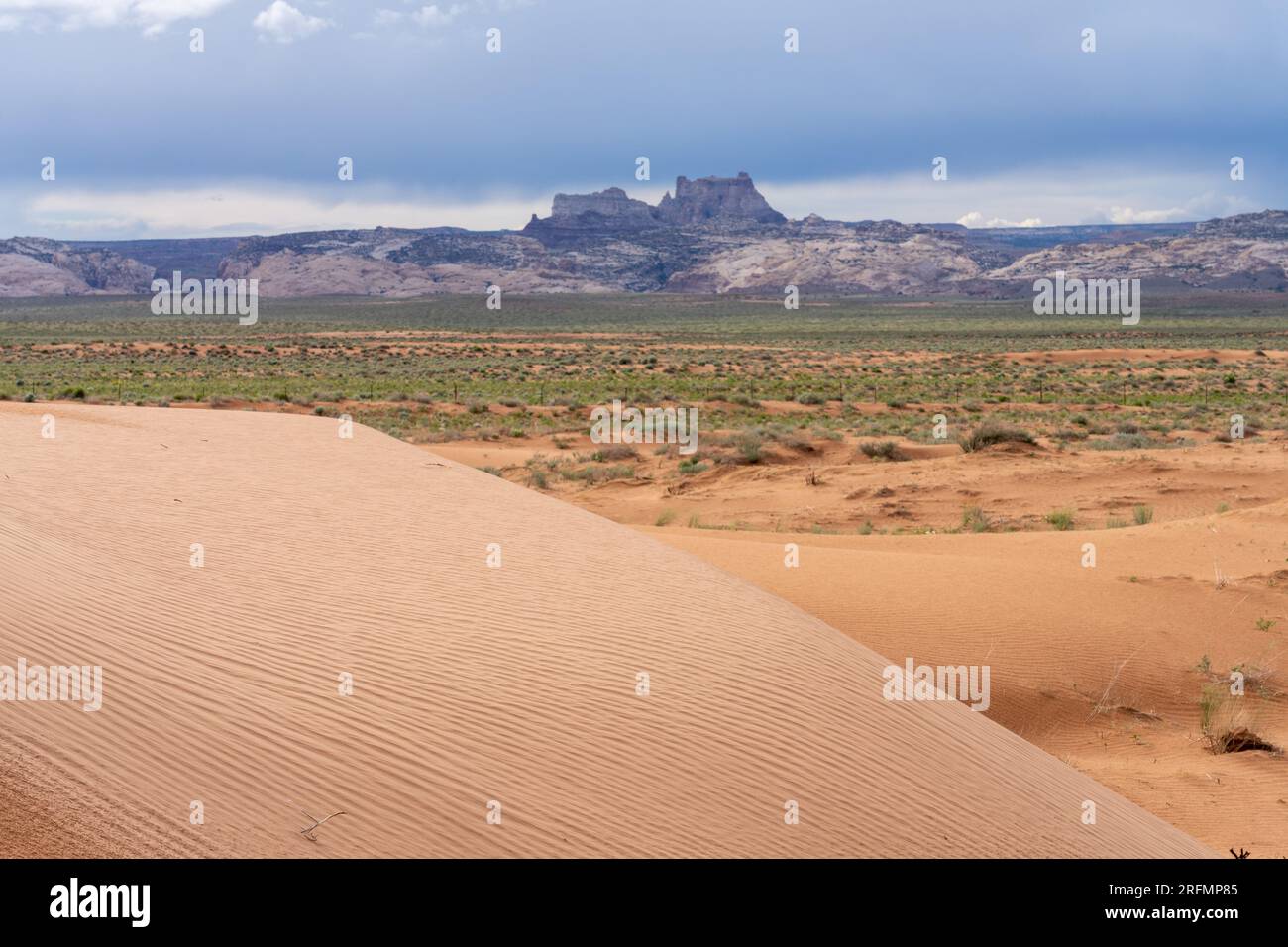 Verwüstete Sanddünen in der San Rafael Wüste mit Sturmwolken über Temple Mountain und dem San Rafael Reef in der Nähe von Hanksville, Utah. Stockfoto
