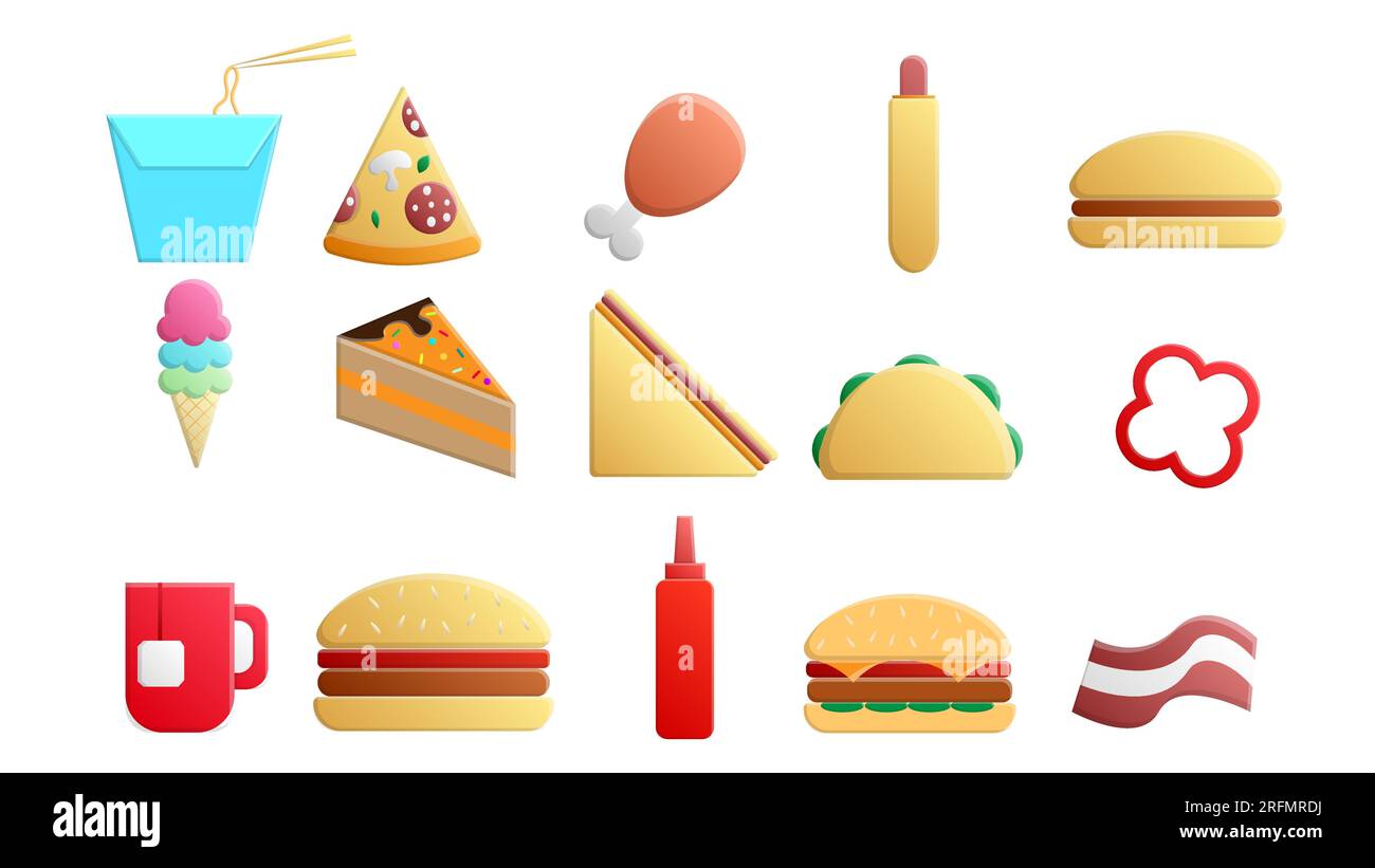 Set mit 15 Ikonen köstlicher Speisen und Snacks für ein Café-Bar-Restaurant auf weißem Hintergrund: burger, Hot Dog, Sandwich, Pizza, Burrito, Getränke, Stock Vektor