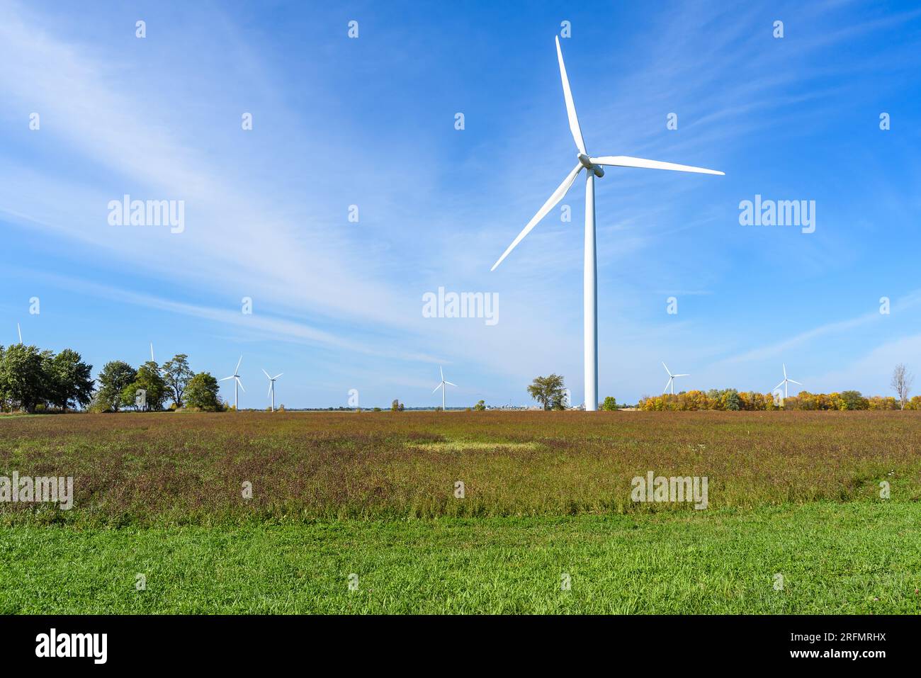 Tal-Windkraftanlage auf einem Feld an einem klaren Herbsttag. Andere Windturbinen sind in der Entfernung sichtbar Stockfoto