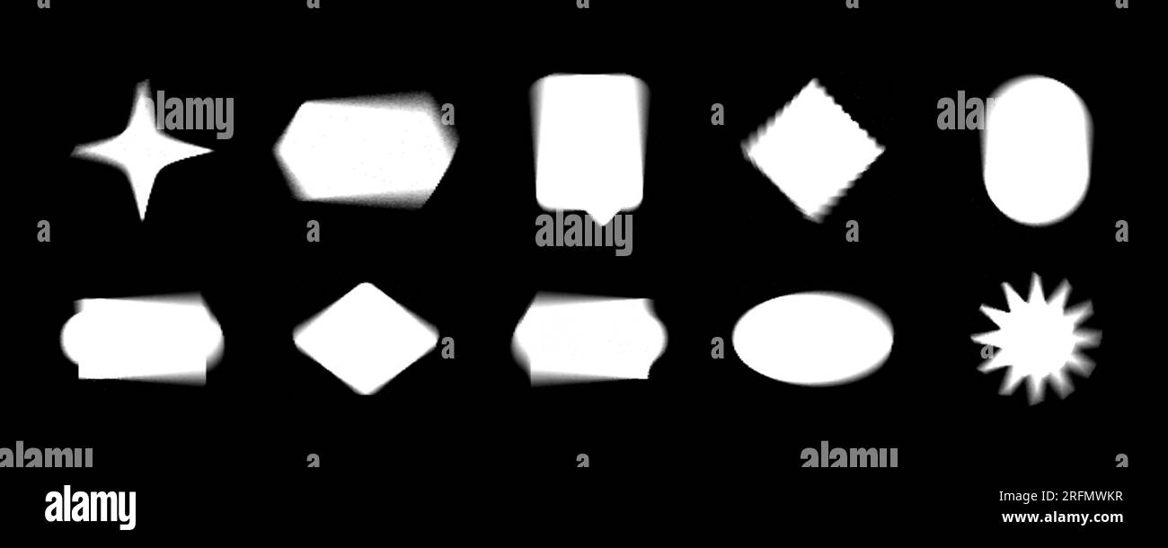 Verschwommene Vektorschablonenformen mit Y2K-Aura-Brutalismus-Effekt. Kollektion mit modernen Dekorationselementen in Weiß auf Schwarz. Trendig verzweifelt Stock Vektor