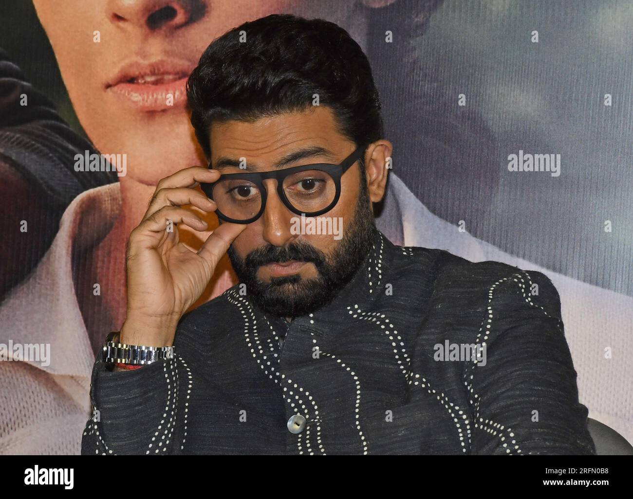 Mumbai, Indien. 04. Aug. 2023. Der Schauspieler Abhishek Bachchan aus Bollywood nimmt an der Veröffentlichung des neuen Films „Ghoomer“ in Mumbai Teil. Der Film wird am 18. August 2023 in den Theatern veröffentlicht. (Foto: Ashish Vaishnav/SOPA Images/Sipa USA) Guthaben: SIPA USA/Alamy Live News Stockfoto