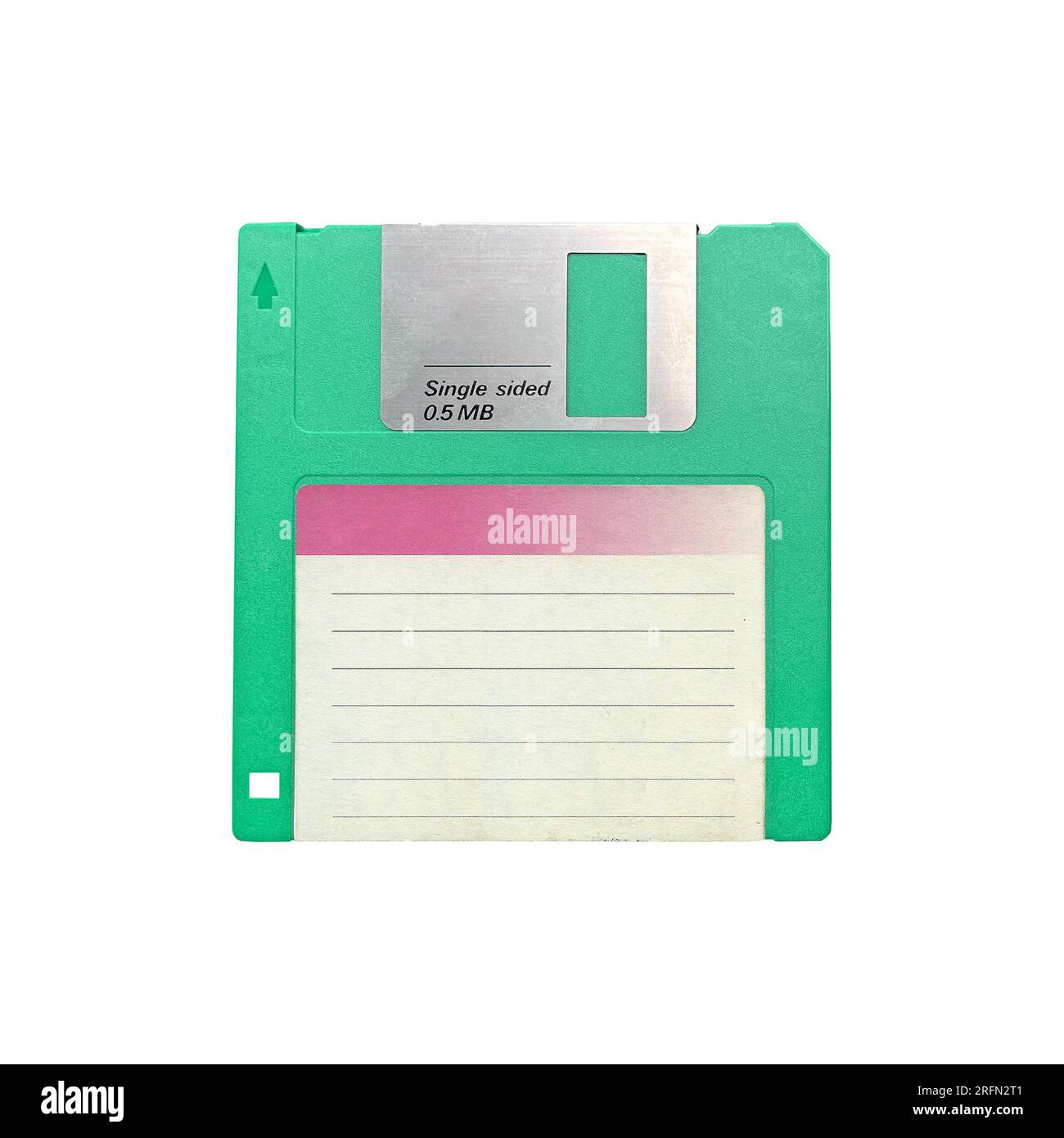 Alte Retro-Diskette isoliert auf weißem Hintergrund, Nahaufnahme der Vorderansicht ausgeschnitten Stockfoto