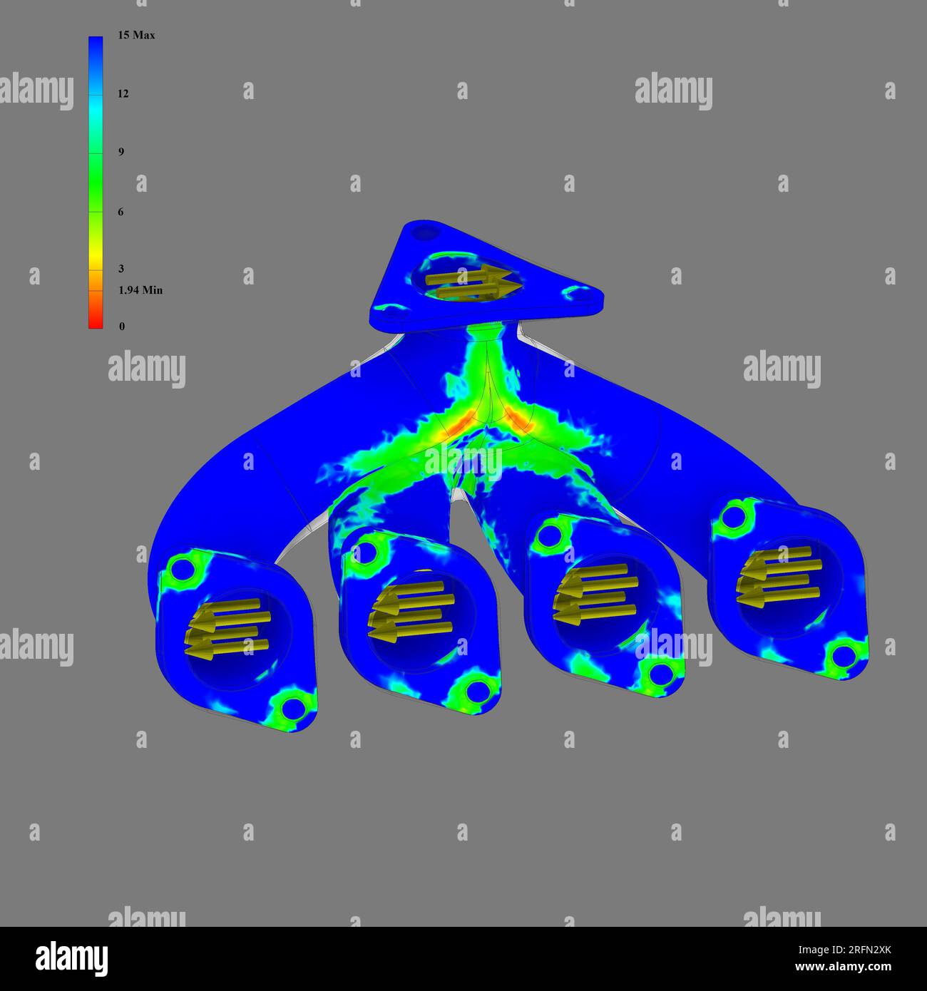FEM-Analyse, Finite-Elemente-Methodenanalyse, Krümmermotorenanalyse, Belastungstest Stockfoto