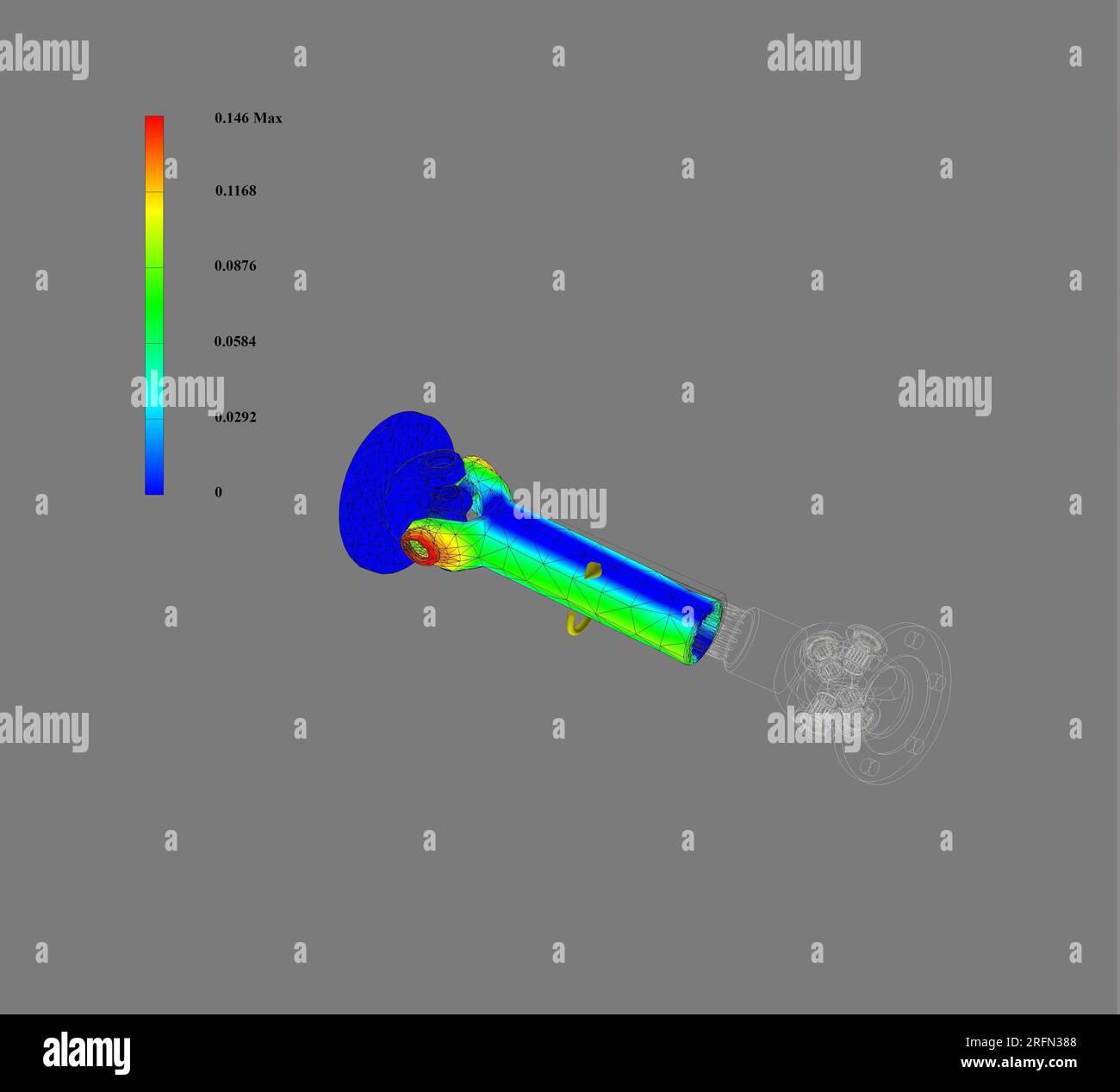 FEM-Analyse, Finite-Elemente-Methodenanalyse, Kardanwelle basiert auf dem Konzept eines Kreuzgelenks, zweier Joche oder Gabeln und eines kreuzförmigen Kompons Stockfoto