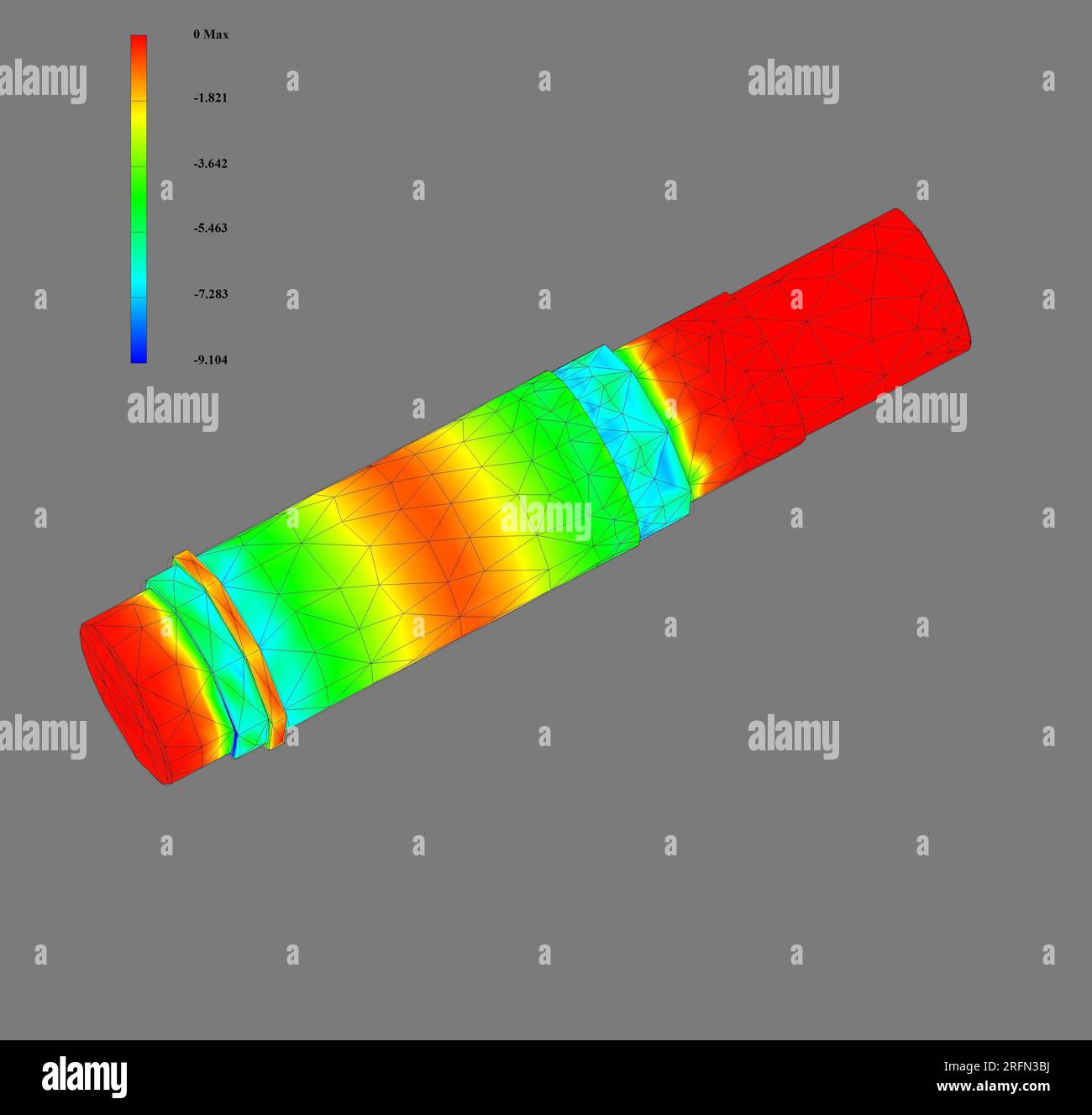 FEM-Analyse, Finite-Elemente-Methodenanalyse, Achsbiege- und Rotationskräfte analysiert Stockfoto