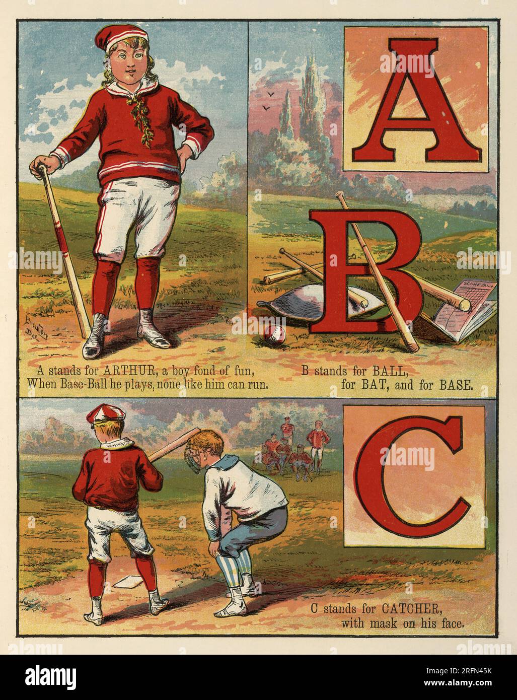 Seite aus einem Baseball-ABC-Buch, ca. 1895. Stockfoto