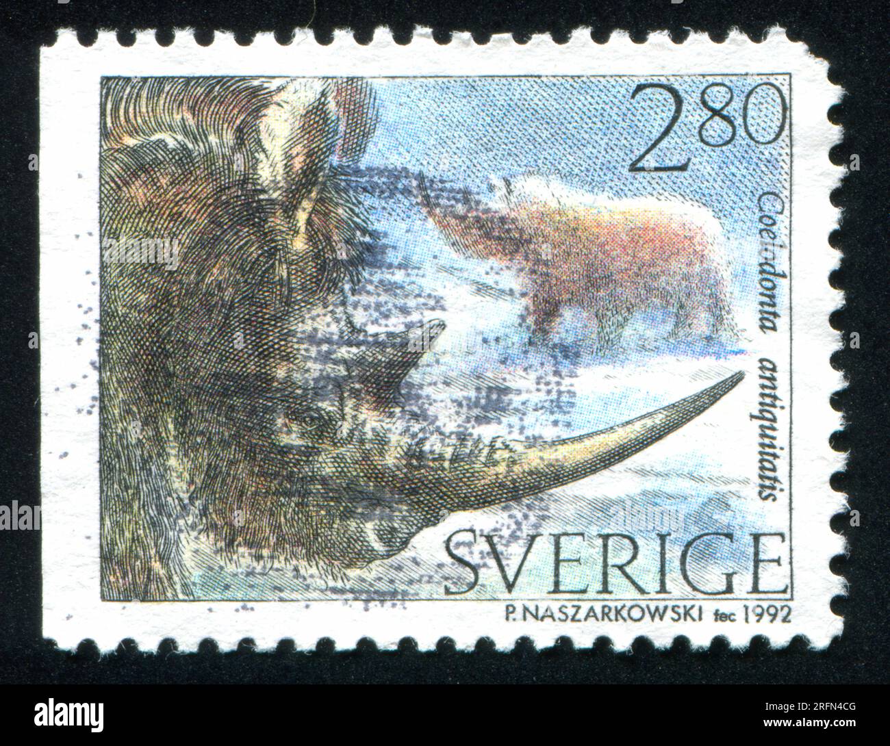SCHWEDEN - CIRCA 1992: Von Schweden gedruckter Stempel zeigt Woolly-Nashörner, circa 1992 Stockfoto
