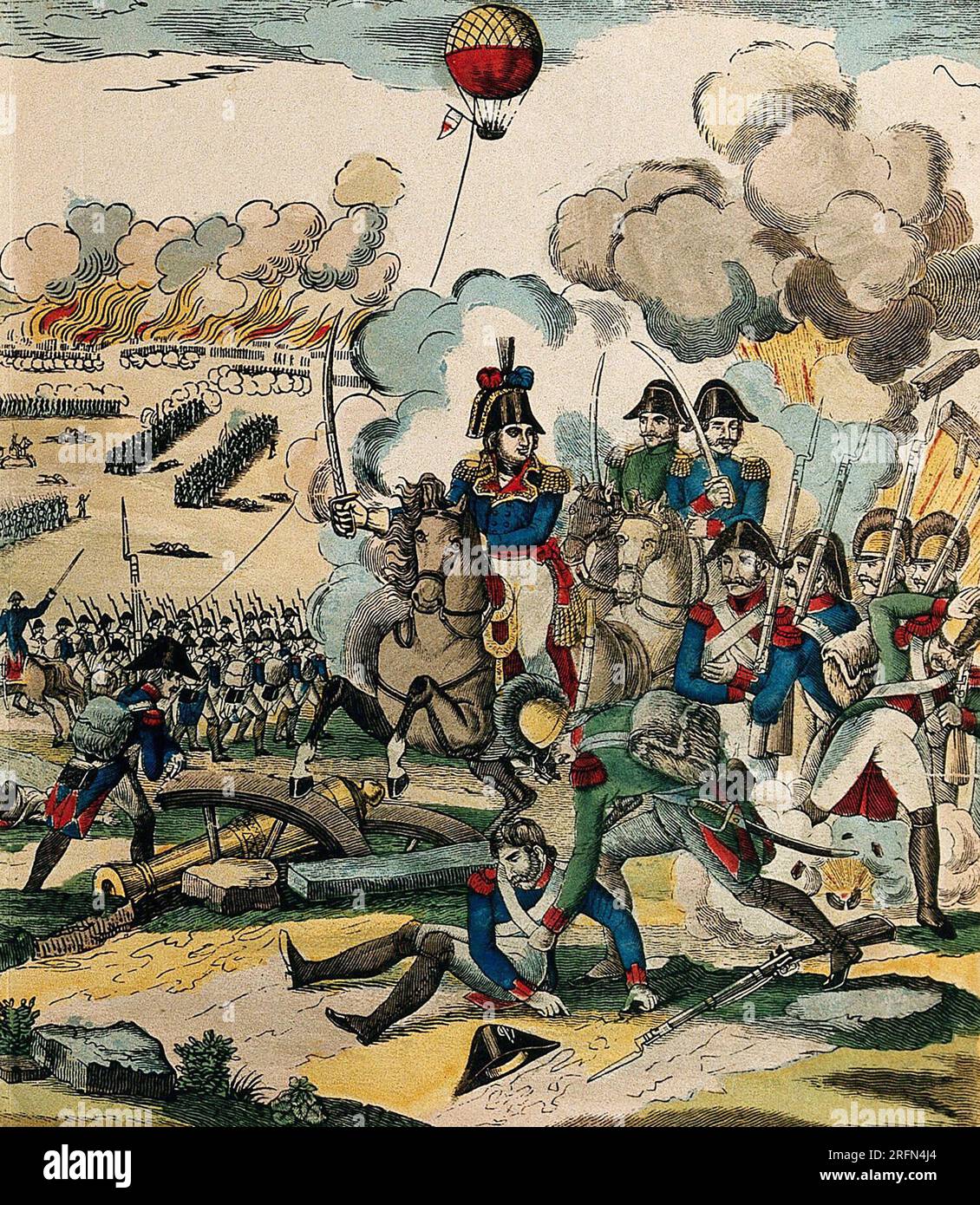 Die Schlacht von Fleurus, 26. Juni 1794, während des Krieges der Ersten Koalition, zwischen der Ersten Französischen Republik und der Koalitionsarmee (Großbritannien, Hannover, Niederländische Republik und Habsburger Monarchie). Dies war die bedeutendste Schlacht der Flandern-Kampagne in den Niedrigländern während der französischen Revolutionskriege. Beachten Sie die Beobachtung im Hintergrund. Stockfoto