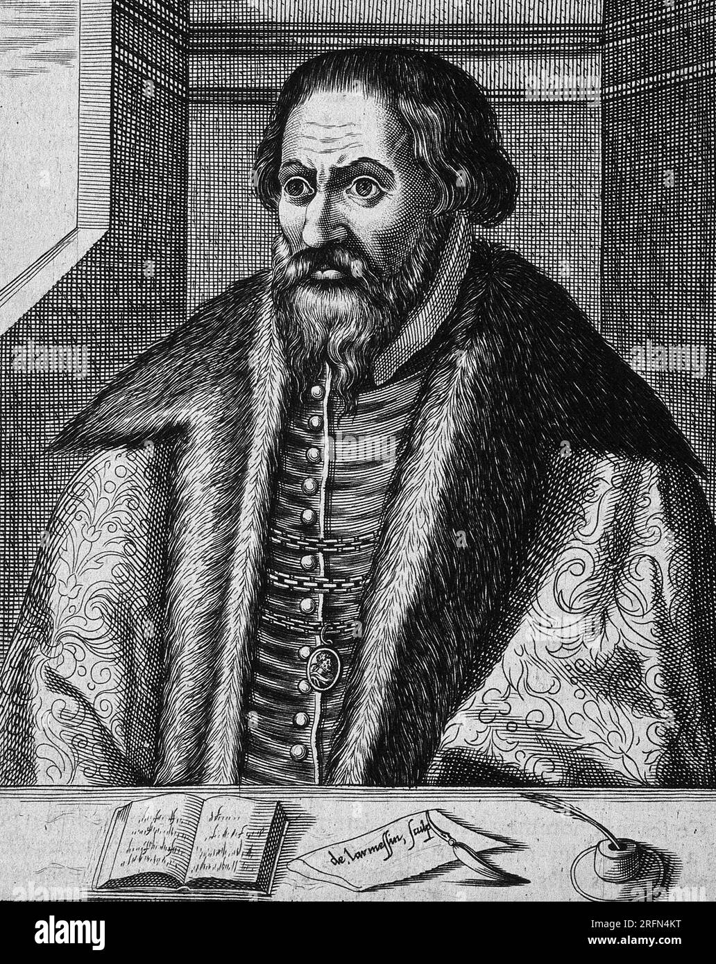 Pietro Andrea Mattioli (1501-c.1577), italienischer Arzt und Botaniker, der den ersten Fall einer Katzenallergie beschrieb. Als Botaniker beschrieb er 100 neue Pflanzen und koordinierte die medizinische Botanik seiner Zeit in seiner Discorsi (Kommentare). Strichgravierung von N. de Larmessin, 1682, nach C. Papi dell'Altissimo. Stockfoto