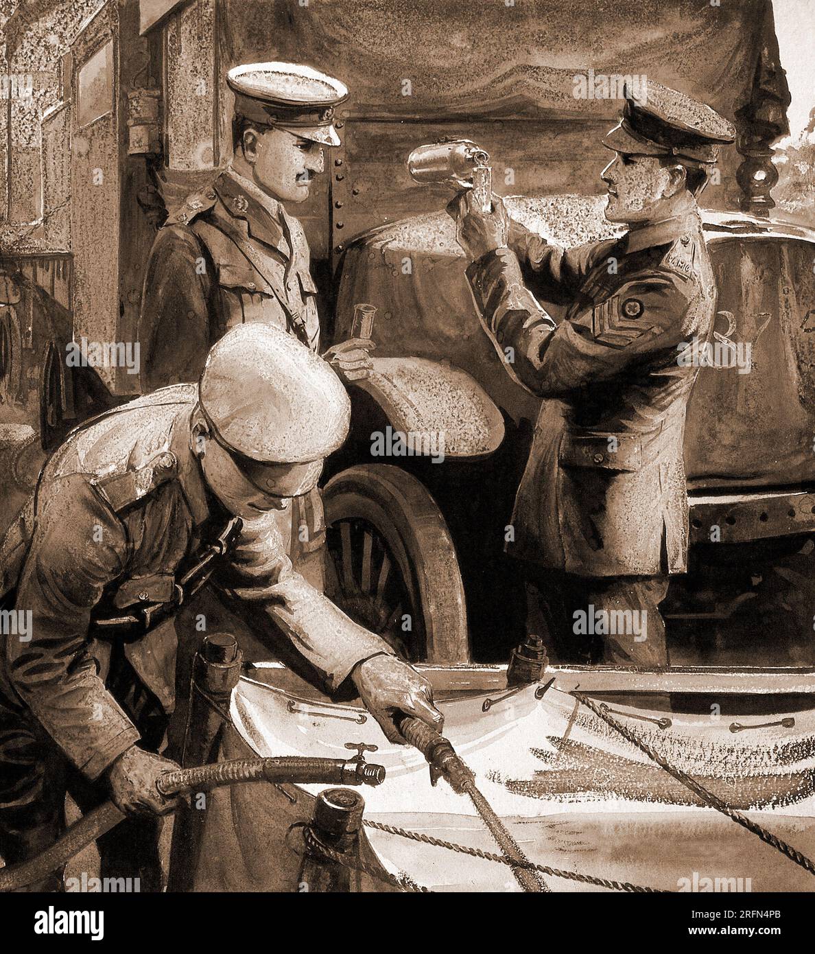 Erster Weltkrieg: Drei Soldaten sterilisieren Wasser für die Truppen. Gouache-Malerei, c. 1916. Stockfoto