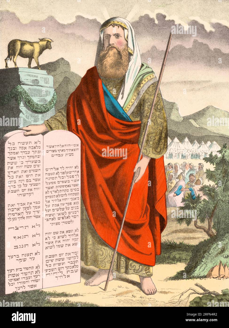 Moses mit Tafel, die die zehn Gebote enthält. Deutscher Lithograf, ca. 1888. Stockfoto