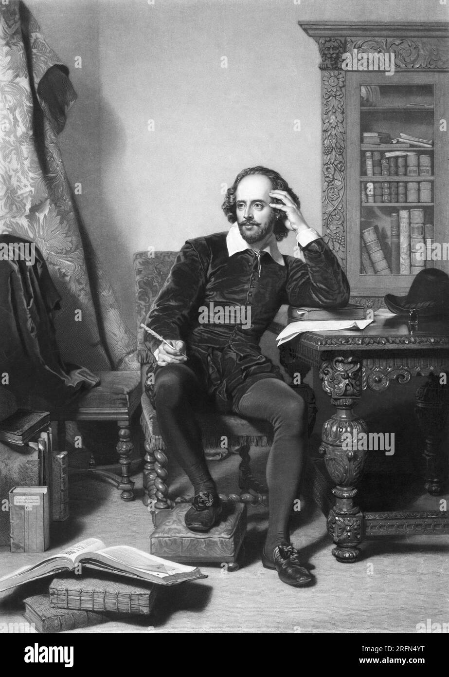 William Shakespeare (Taufe vom 26. April 1564 bis 23. April 1616), englischer Dichter und Dramatiker. Ich habe es mir hier in seinem Arbeitszimmer vorgestellt. Mezzotint, Stipple-Gravur, Ätzen und Strichgravur von John Faed, 1859. Stockfoto