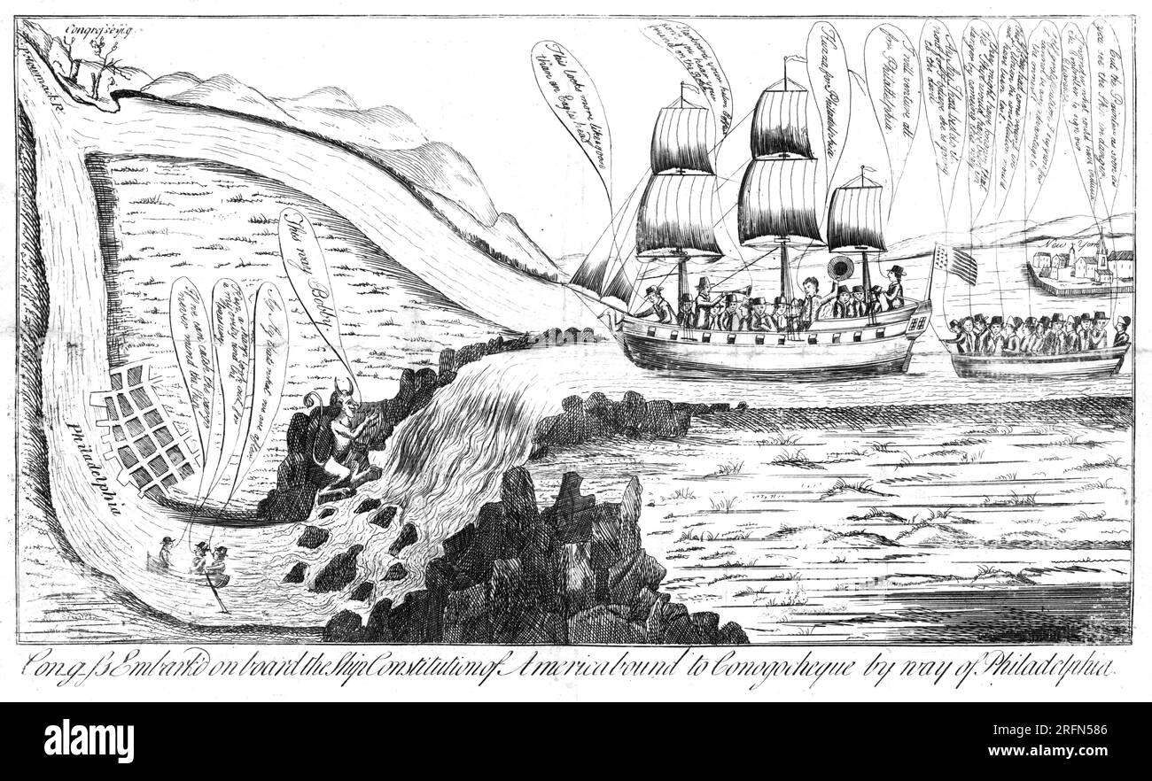 Der Kongress begab sich an Bord der amerikanischen Verfassung, die über Philadelphia nach Conogocheque fährt. Im Juli 1790 beschloss der Kongress, den Sitz der Bundesregierung von ihrem ursprünglichen Standort in New York nach Washington zu verlegen, wobei Philadelphia als Übergangshauptstadt fungierte. Der nicht identifizierte Satiriker gibt einen zynischen Blick auf die Gewinnchancen, die dies den Philadelphianern bot. Stockfoto
