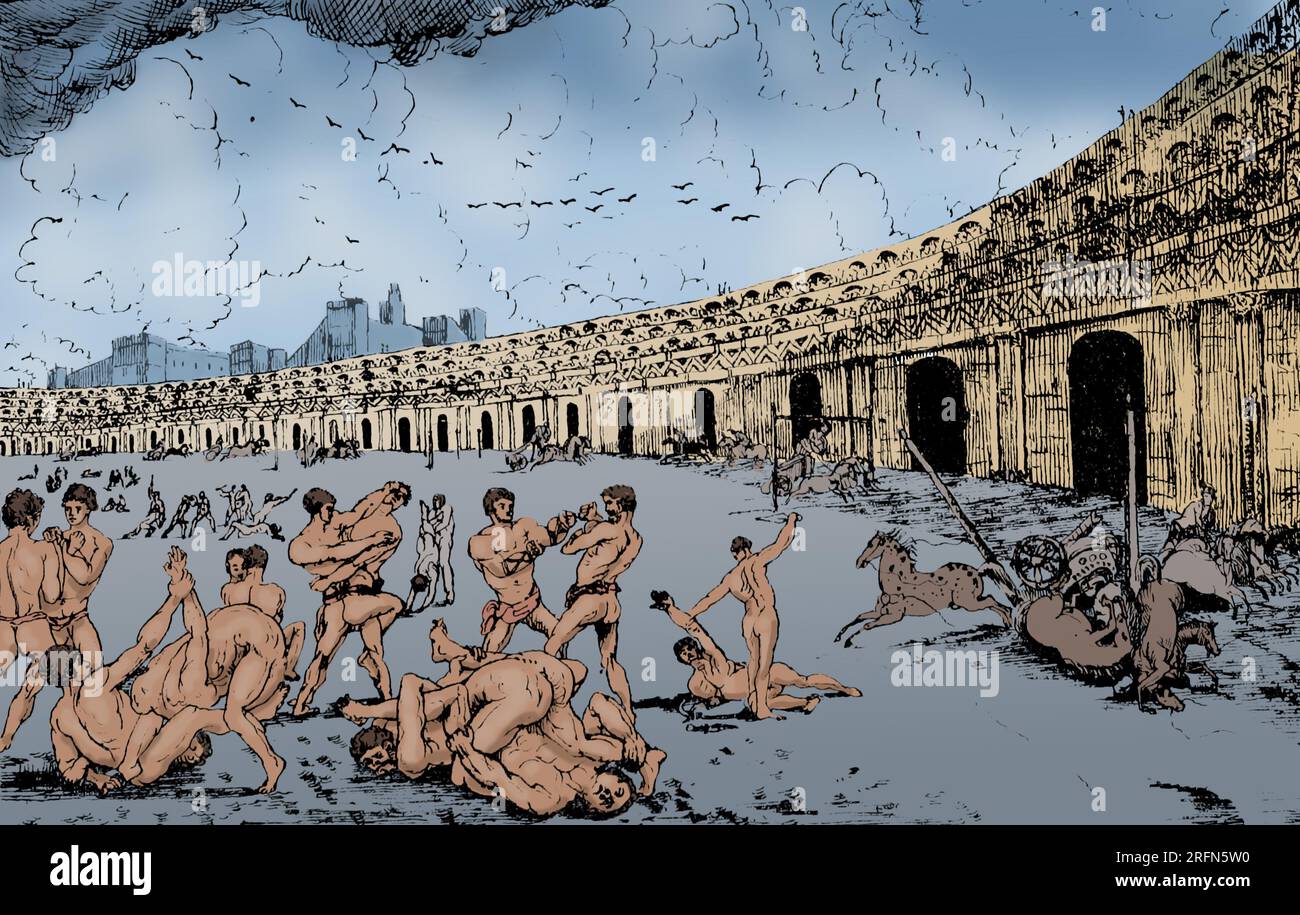 Ein Gladiator war ein bewaffneter Kämpfer, der das Publikum im Römischen Reich unterhielt, indem er gegen andere Gladiatoren, wilde Tiere kämpfte und Kriminelle verurteilte. Stockfoto