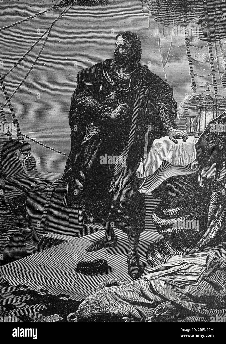Kolumbus entdeckt magnetische Schwankungen in der Kompassnadel. Illustration aus Amerika von James Penny Boyd, 1894. Stockfoto