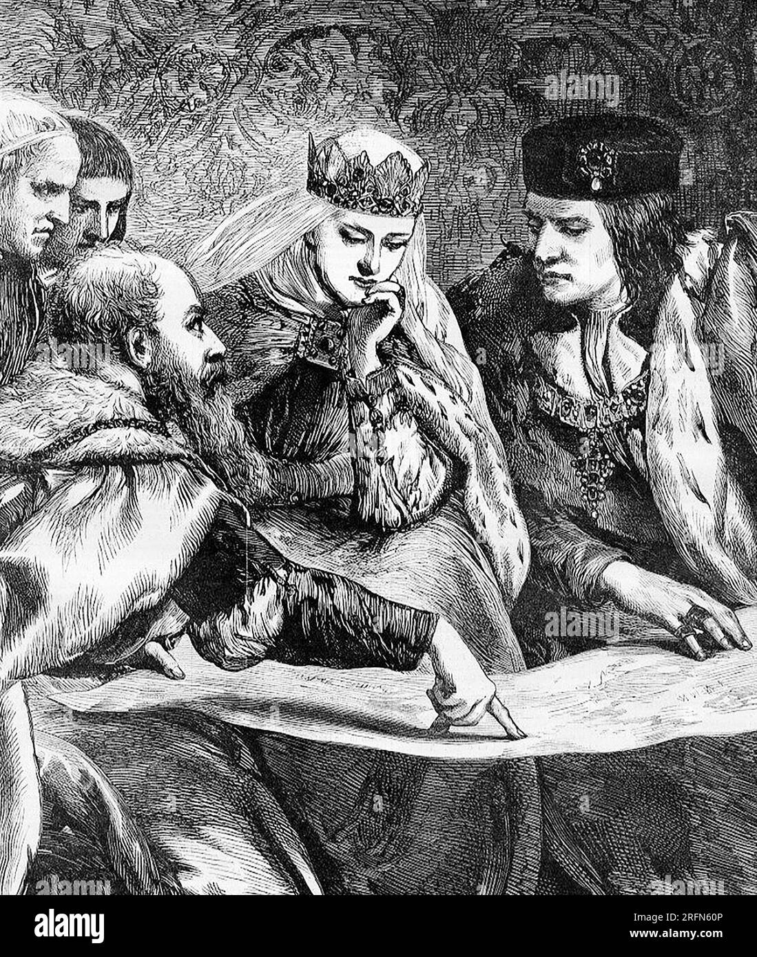 Christoph Kolumbus zeigt auf einen Punkt auf einer Karte, während Königin Isabella und König Ferdinand von Spanien zuschauen. Harper's Weekly, Illustration von John Gilbert, 30. Mai 1868. Stockfoto