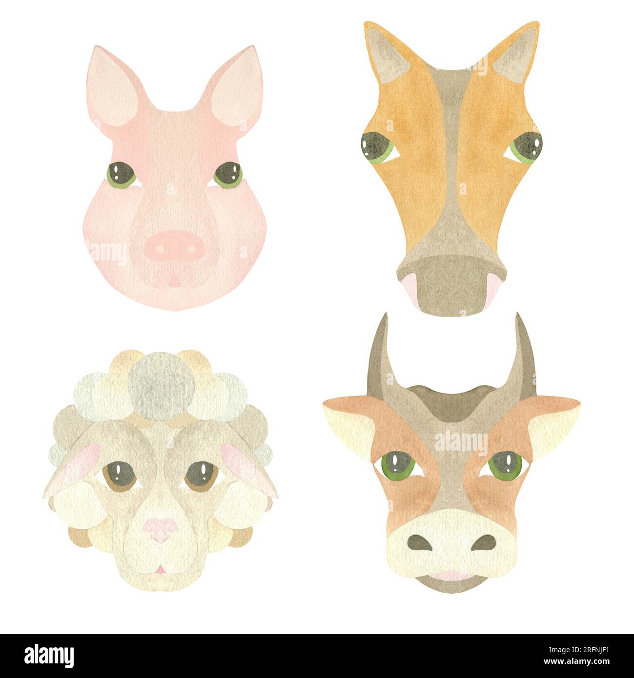 Aquarelle niedliche Tiergesichter - Schwein, Schaf, Kuh und Pferd, hervorgehoben auf weißem Hintergrund. Illustration. EIN SATZ TIERGESICHTER. Für die Beschreibung Stockfoto