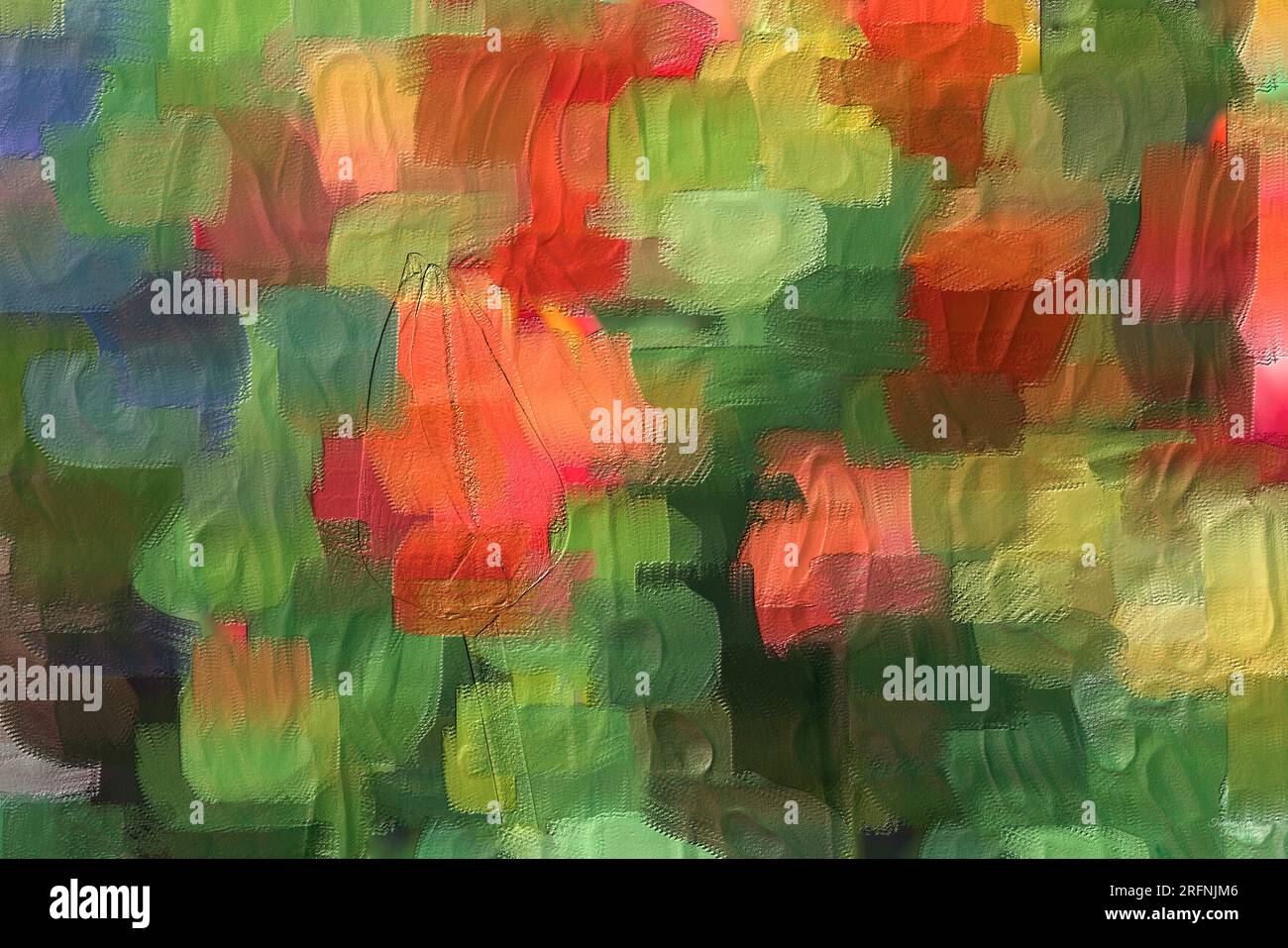 Ein abstraktes pastellfarbenes Gemälde einiger Tulpen mit einem Blockmuster. Sie können ein paar Tulpenmuster in der Textur sehen. Stockfoto