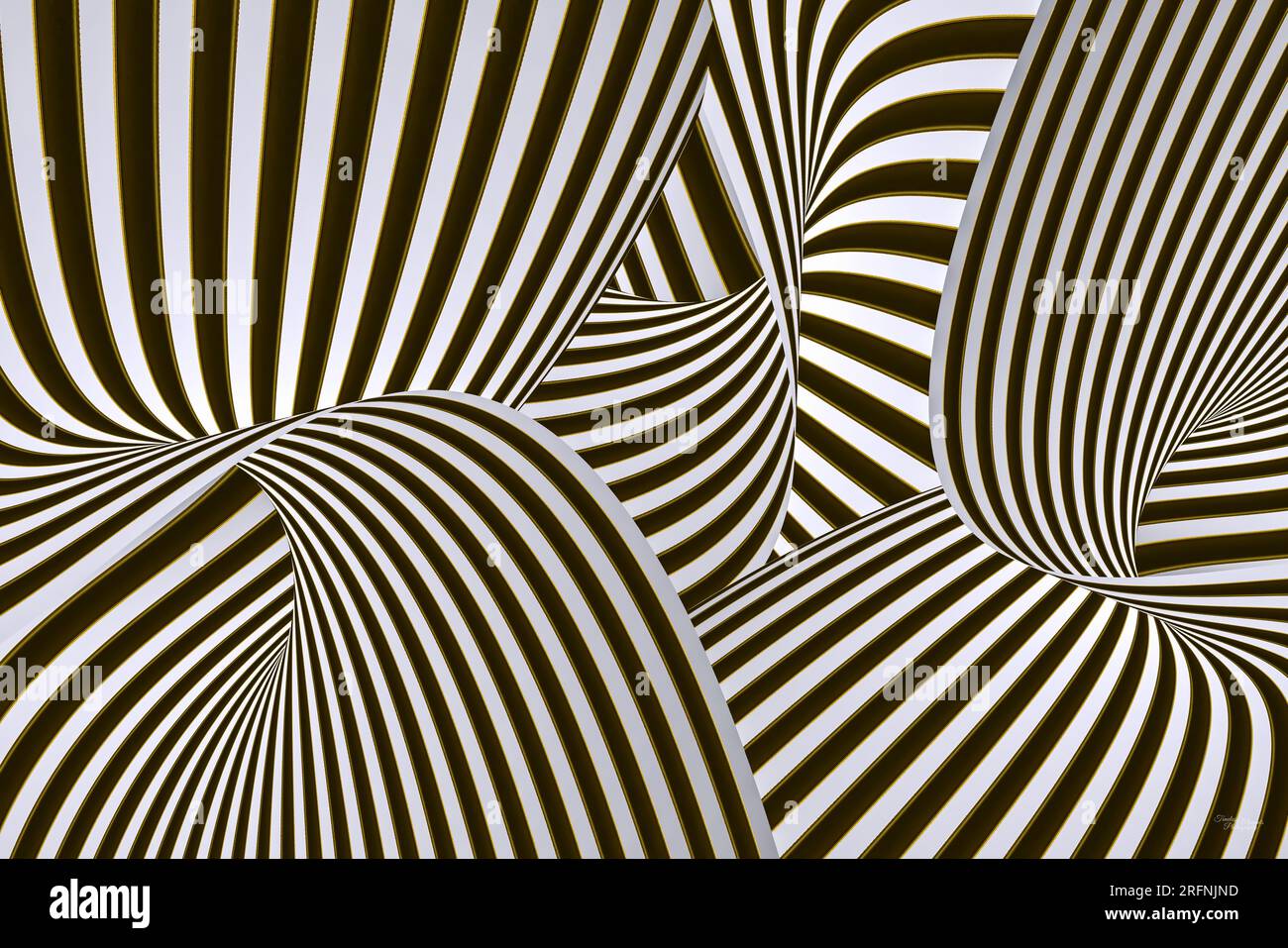 Digitale Kunst mit 3D Drehungen schwarzer, goldener und weißer Streifen. Stockfoto