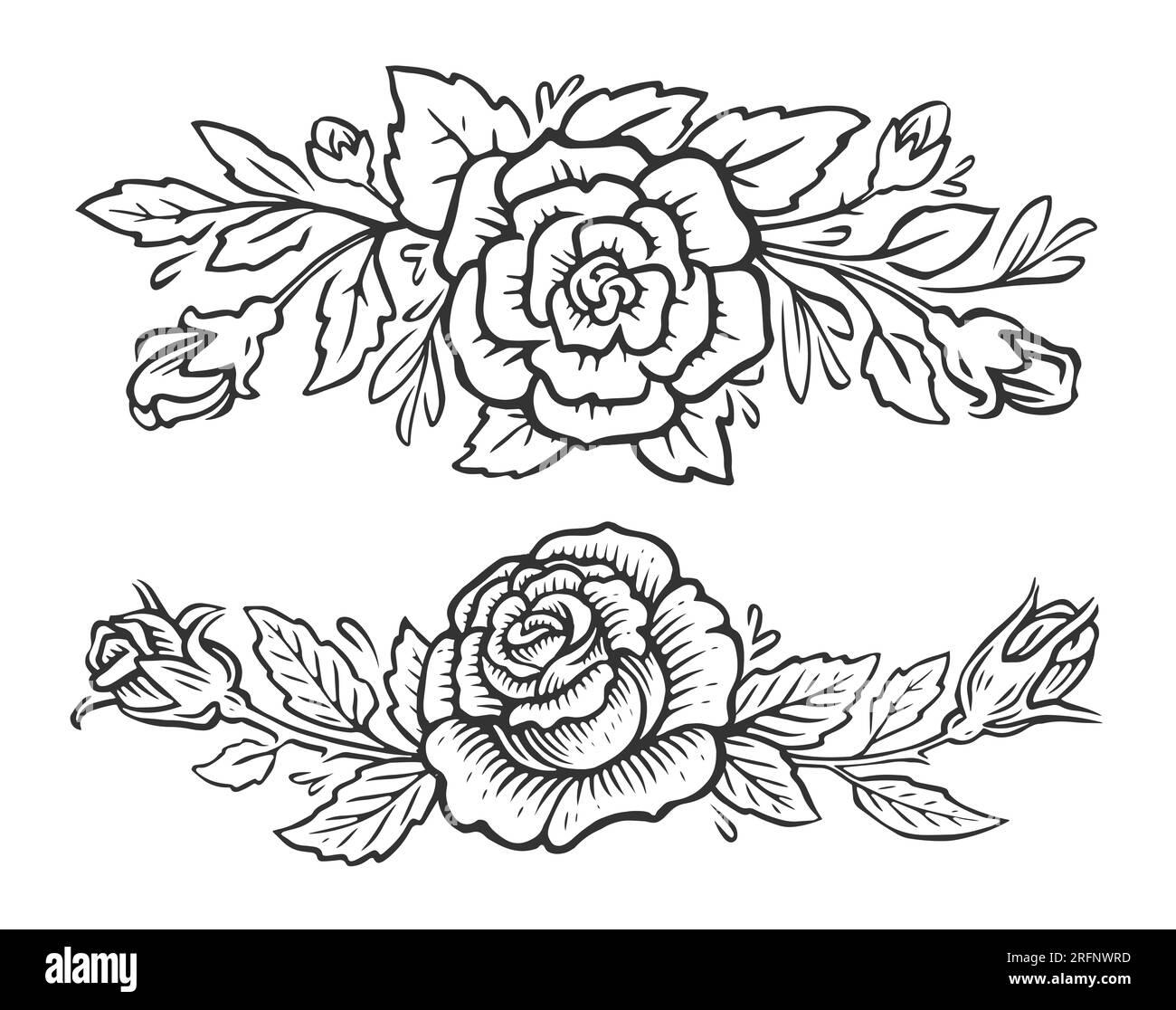 Blumenmuster mit Blumen und Blättern. Rosendesign mit klassischem Rand für Grußkarten oder Einladungen. Skizzenabbildung Stockfoto