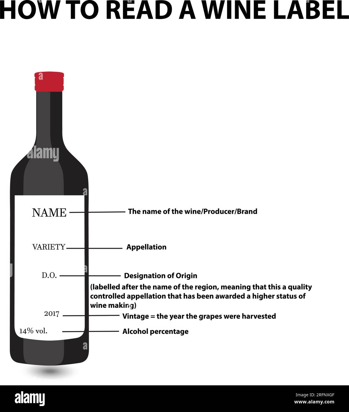 Eine Flasche Wein mit dem Text, wie ein Weinetikett zu lesen ist Stock Vektor