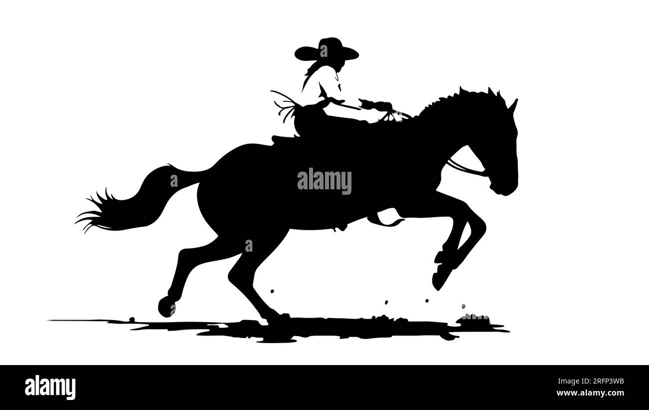 Ein westlicher Cowboy mit Hut, der reitet. Ein Mensch reitet ein Pferd. Schwarze Silhouette. Rodeo, Pferderennen, Wilder Westen, Western. Vektordarstellung isoliert auf weißem Hintergrund. Stock Vektor