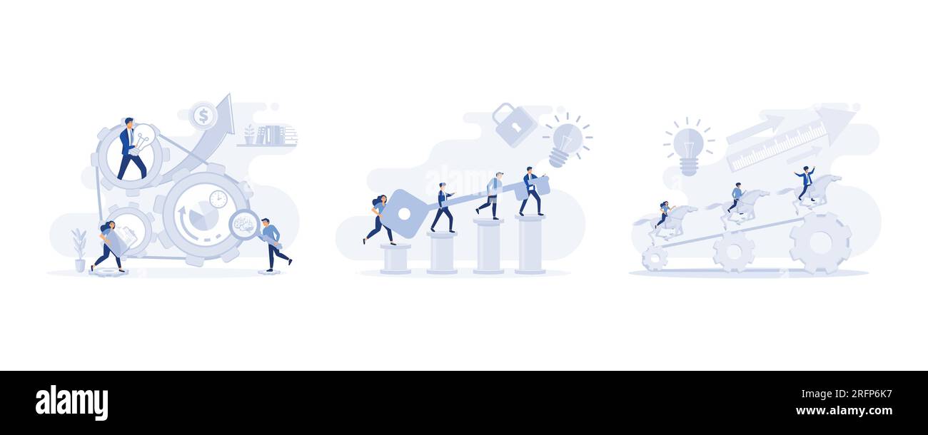 Geschäftsleute, die im Team zusammenarbeiten, das Konzept der Teamarbeit, Creative Idea Teamwork Konzept. Legen Sie eine flache, moderne Vektordarstellung fest Stock Vektor