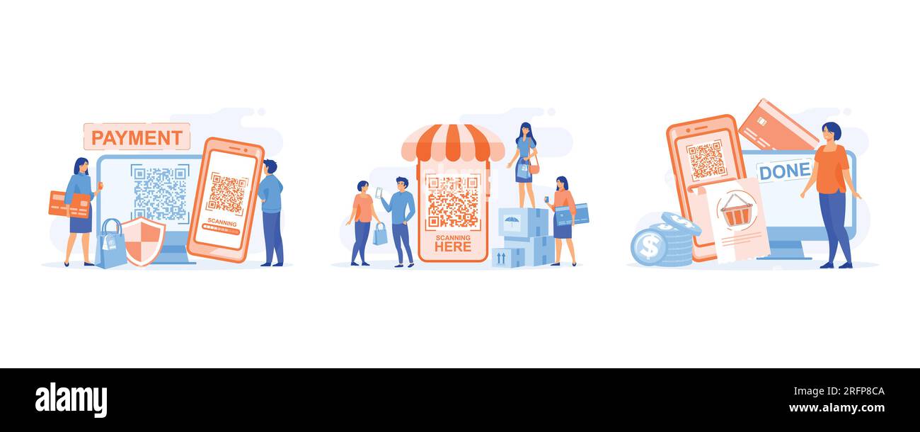 Online-Bezahlung und Guthaben, Scannen des Barcodes für Online-Shopping und -Bezahlung. Bezahlung erwünscht, flacher Vektor, moderne Illustration Stock Vektor