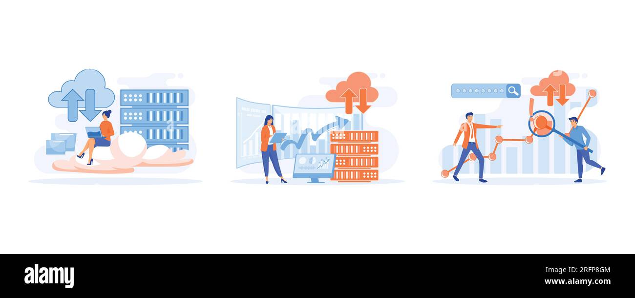 Big Data und Cloud-Computing. Geschäftsleute nutzen Remote-Server, um große Datenmengen zu analysieren und Fehler zu erkennen. Verwertbare Daten, festgelegt Stock Vektor