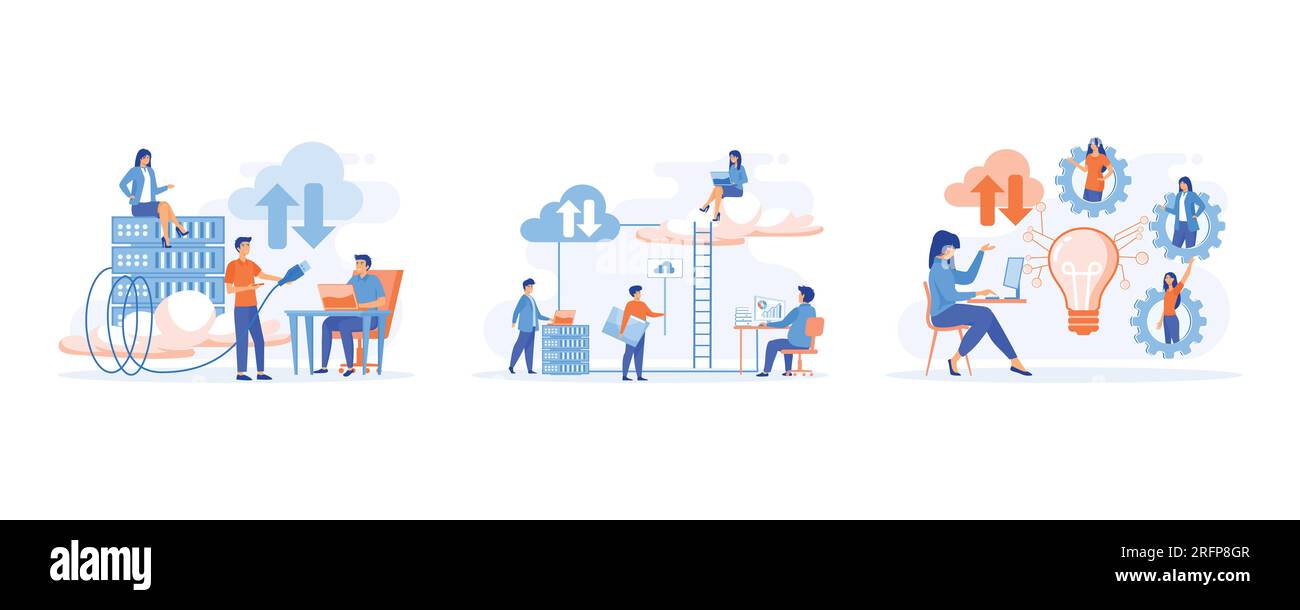 Cloud-Computing arbeiten Benutzer mit einer Cloud-Service-Plattform. Remote-Business-Management, Wireless-Computing-Service. Legen Sie einen flachen Vektor mit moderner Illustration fest Stock Vektor