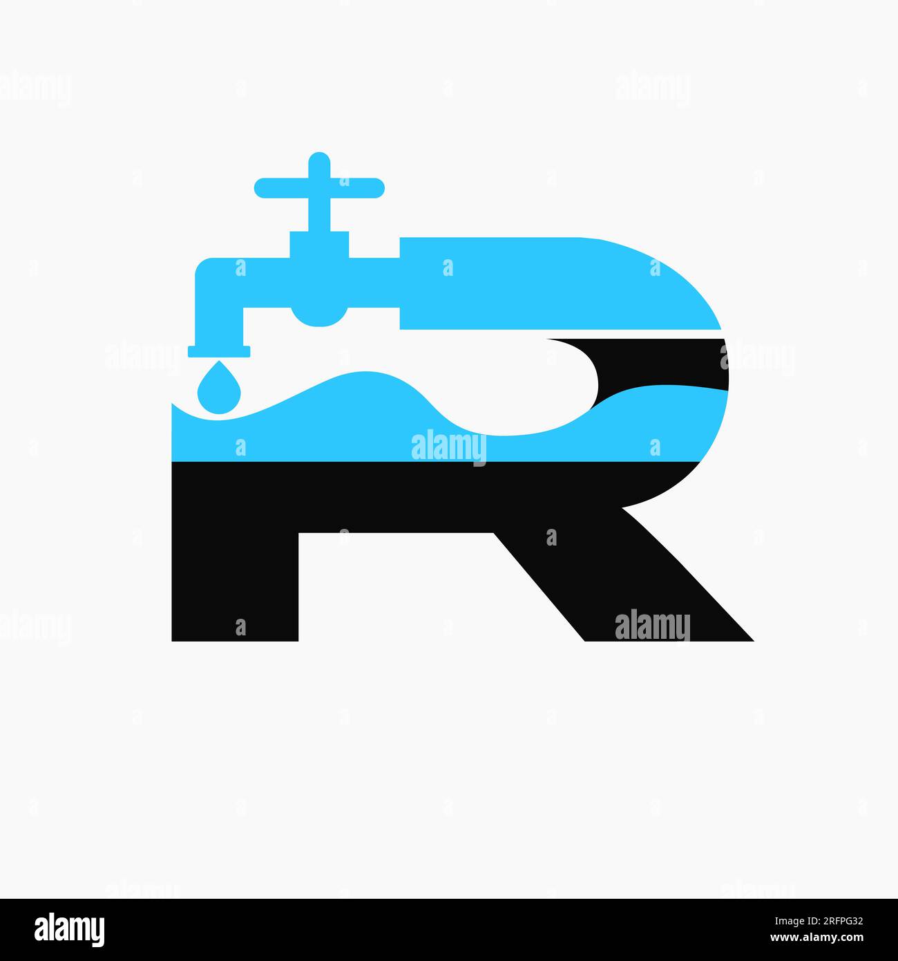 Design mit R-Logo für Klempner. Plumbing-Logo-Symbol mit Wasser- und Wasserhahn-Symbol Stock Vektor