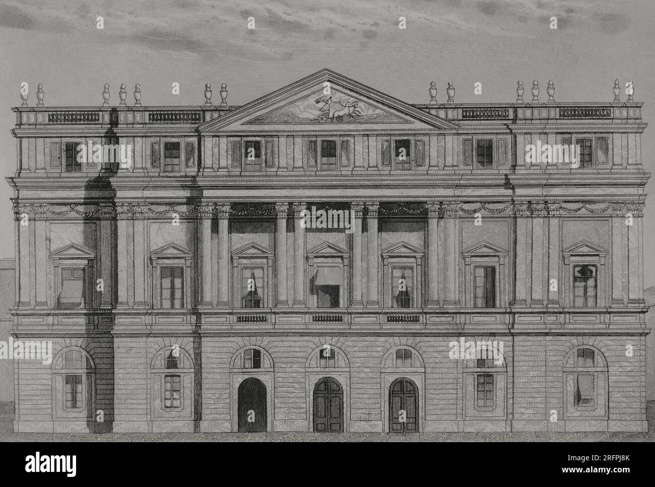Italien. Mailand. La Scala. Blick auf die Hauptfassade. Gravur von A. Roca. "Los Héroes y las Grandezas de la Tierra". Band V. 1855. Stockfoto