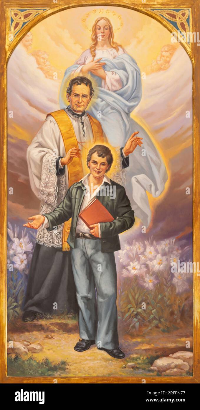 NEAPEL, ITALIEN - 21. APRIL 2023: Das Gemälde Jesu mit dem Heiligen Don Bosco, Dominic Savio in der Kirche Chiesa di Sacro Cuore von P. Camilleri (2006). Stockfoto