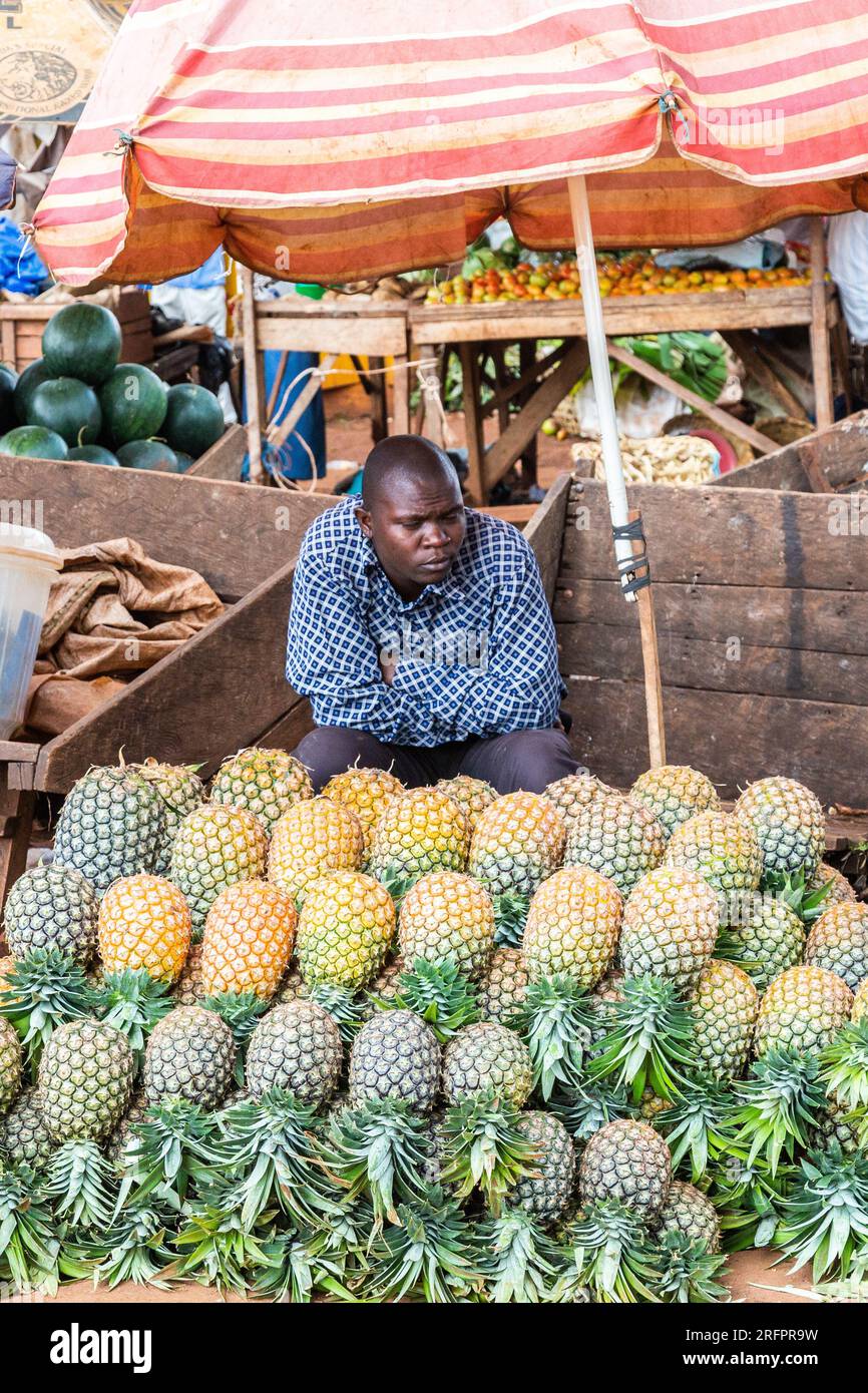 Ananasverkäufer auf dem Jinja-Markt, dessen Muster auf seinem karierten Hemd an die Früchte erinnert, die er verkauft. Stockfoto