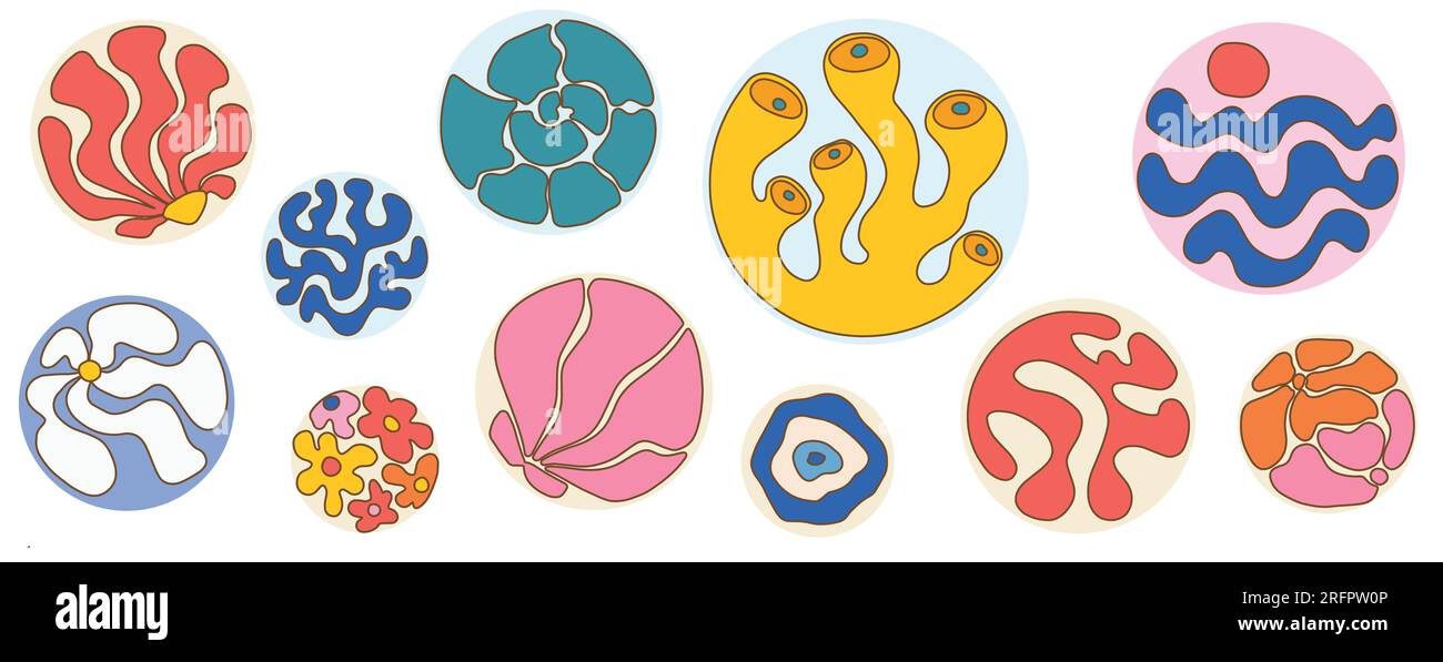 Naive Doodle Curve Aestethic Aufkleber in runder Form. Groovie Abstract Flower, Coral, Seashell, Wave im Retro-Stil. Organische Hippie-Hintergründe für T-Shirts, Hintergrundbilder, Case Phone. Vektordarstellung Stock Vektor
