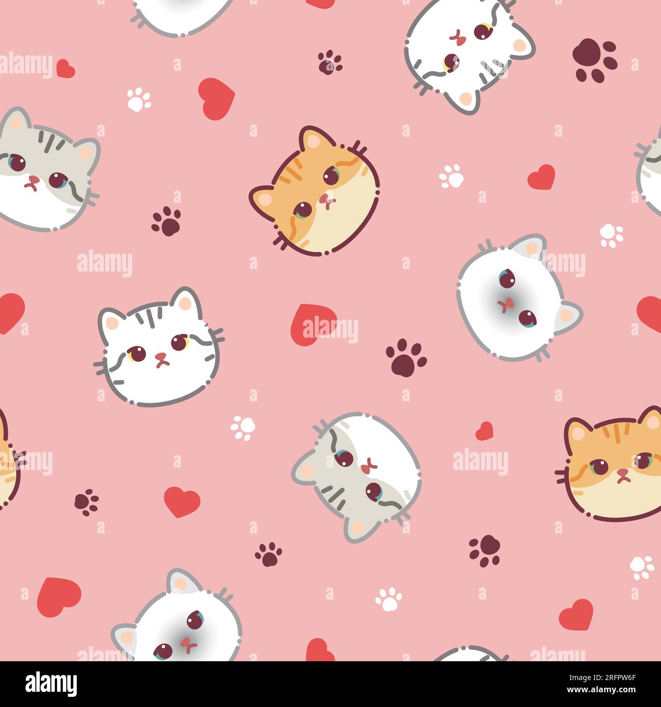 Nahtloses Muster einer süßen Katze, Herz und Tierpfote. Vektordarstellung auf pinkfarbenem Hintergrund. Flaches Design im Cartoon-Stil. Konzept für Stock Vektor