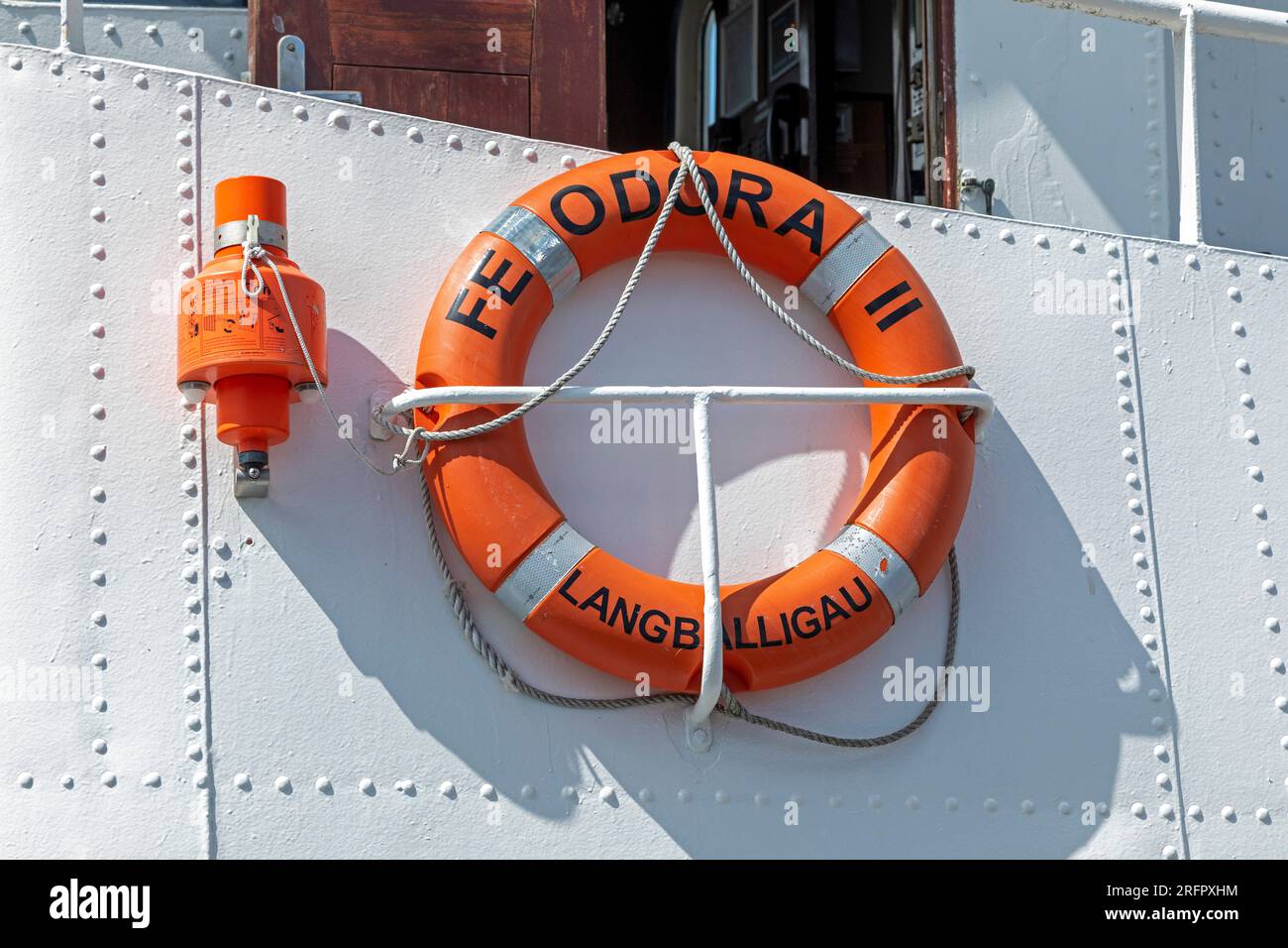 Sicherheitsboje, Detail, Ausflugsboot Feodora II, Langballigau, Langballig, Schleswig-Holstein, Deutschland Stockfoto