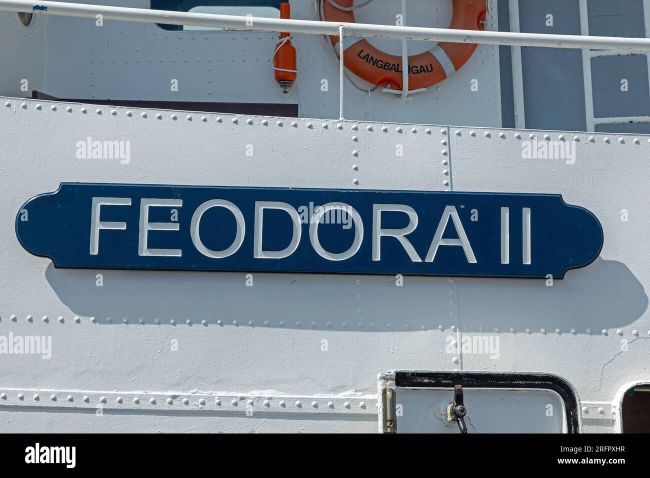 Namensschild, Detail, Ausflugsboot Feodora II, Langballigau, Langballig, Schleswig-Holstein, Deutschland Stockfoto
