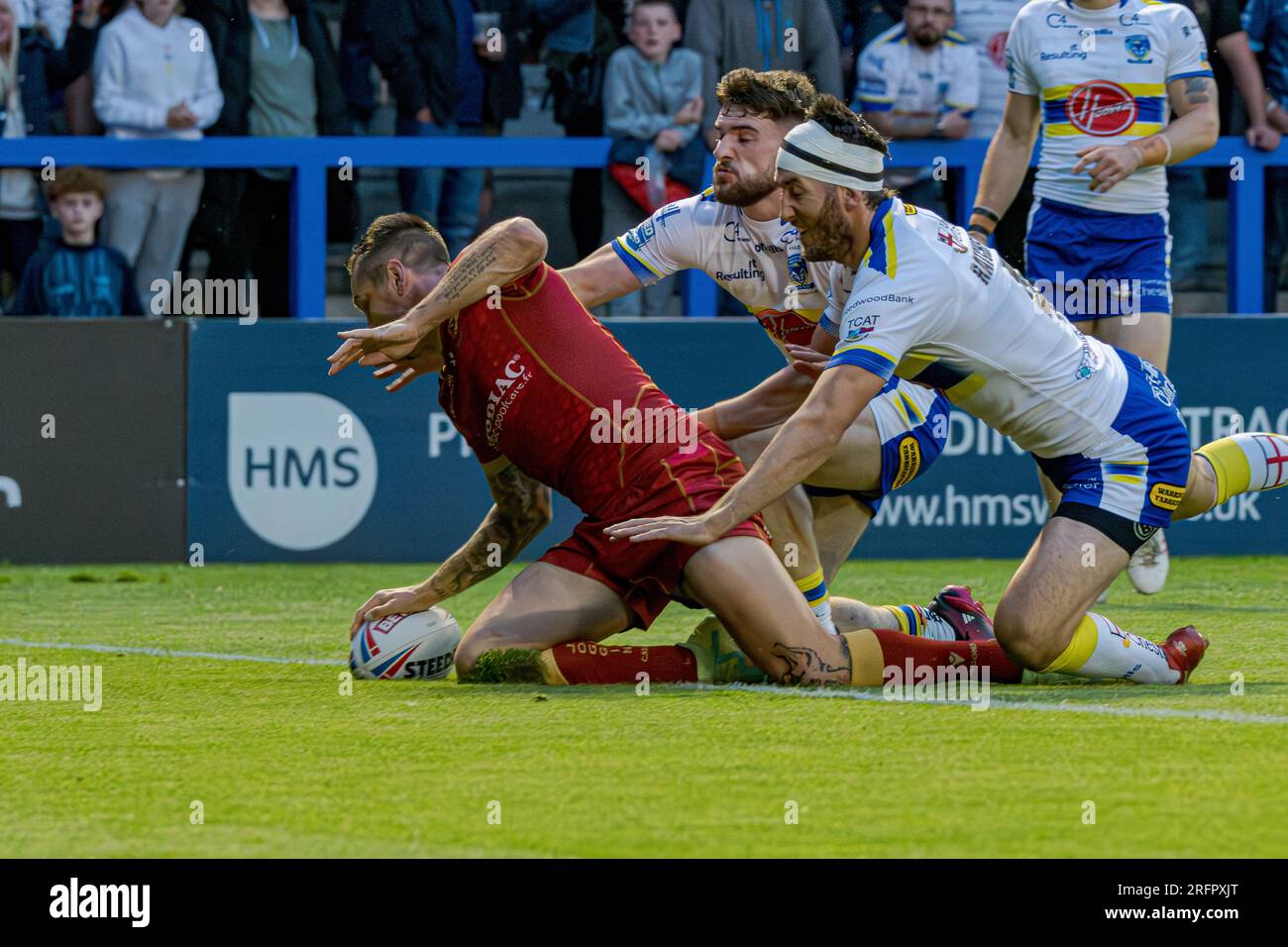Halliwell Jones Stadium, Warrington, England. 4. August 2023. Warrington Wolves gegen Catalans Dragons, Betfred Super League. Kredit: Mark Percy/Alamy Stockfoto