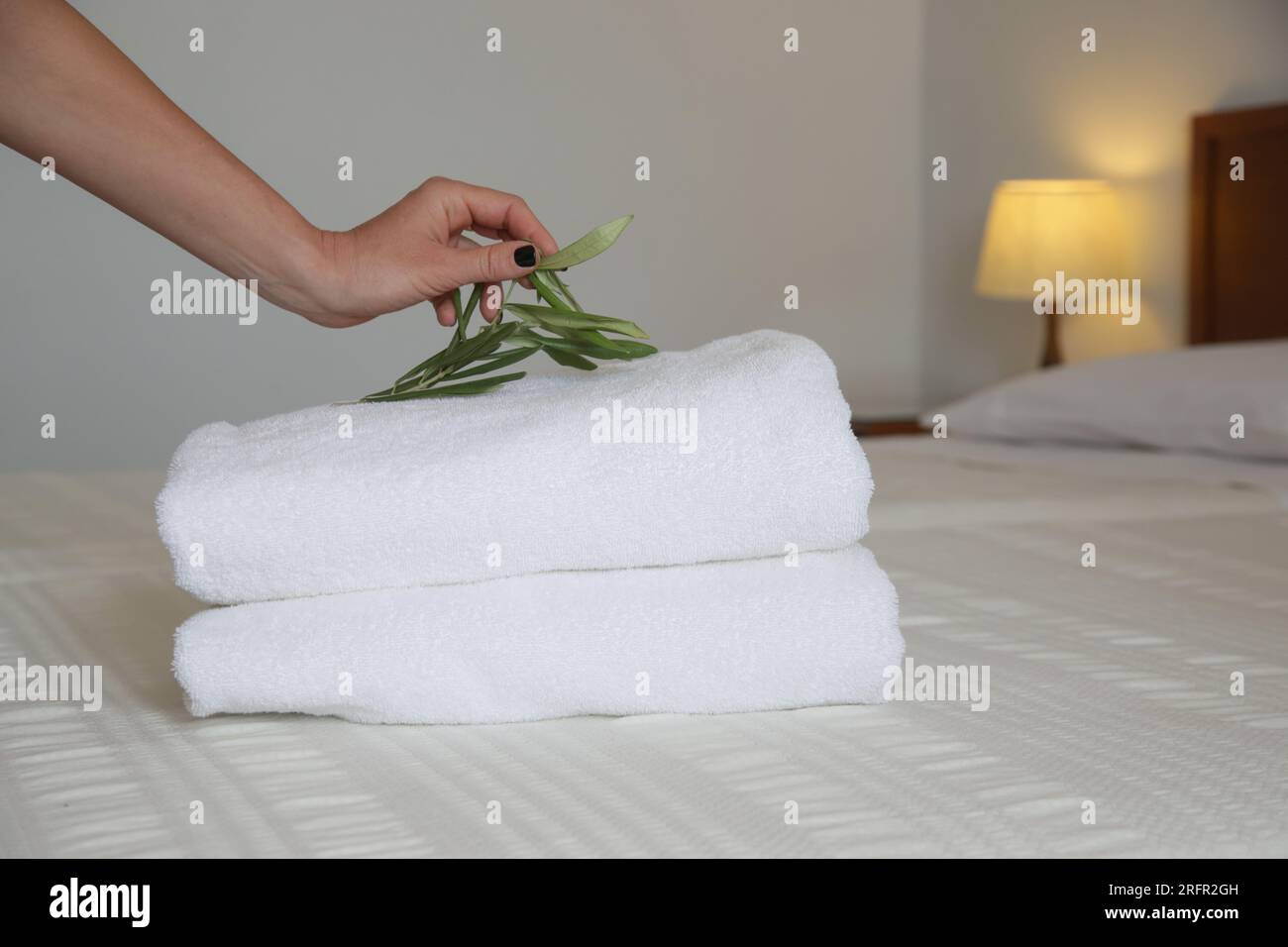 Zimmerservice. Frau wechselt Handtücher im Hotelzimmer. Hausangestellte, die Handtücher auf das Bett legen, alles vorbereiten, damit die Kunden einziehen können Stockfoto