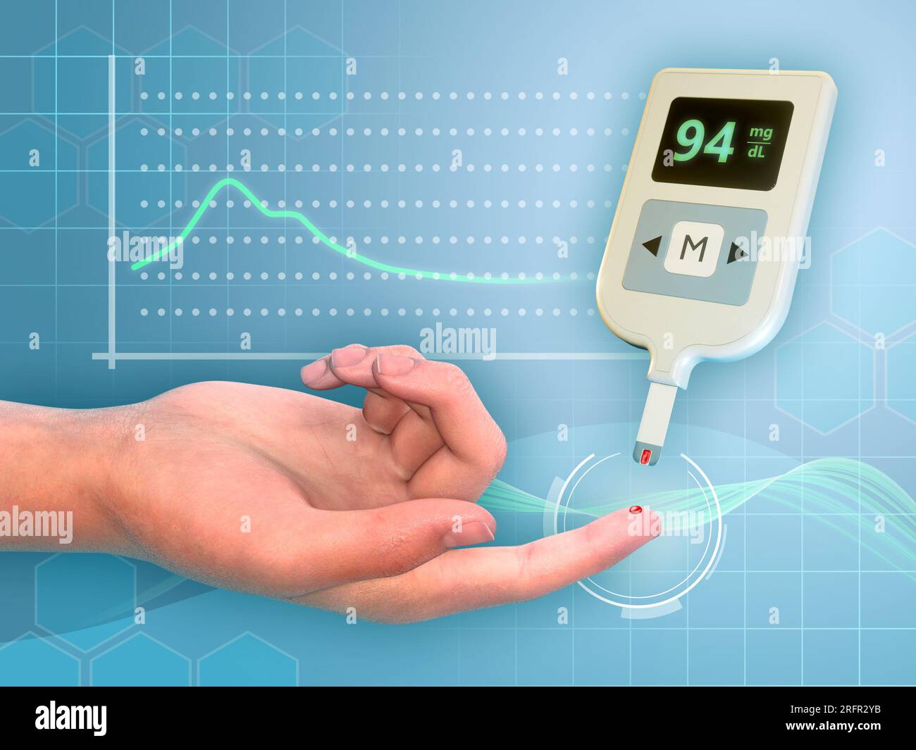 Blutzuckermessgerät zur Bestimmung des Blutzuckerspiegels bei einem erwachsenen Patienten. Digitale Illustration, 3D-Rendering. Stockfoto