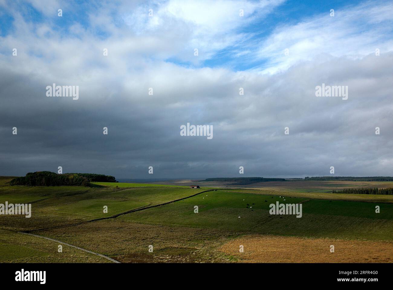 Farbfoto von Ackerland und einer Scheune auf einem Hügel, einmal gebraut, in der Nähe der Hadrian's Wall, Northumberland, England, Vereinigtes Königreich, 2022. Stockfoto