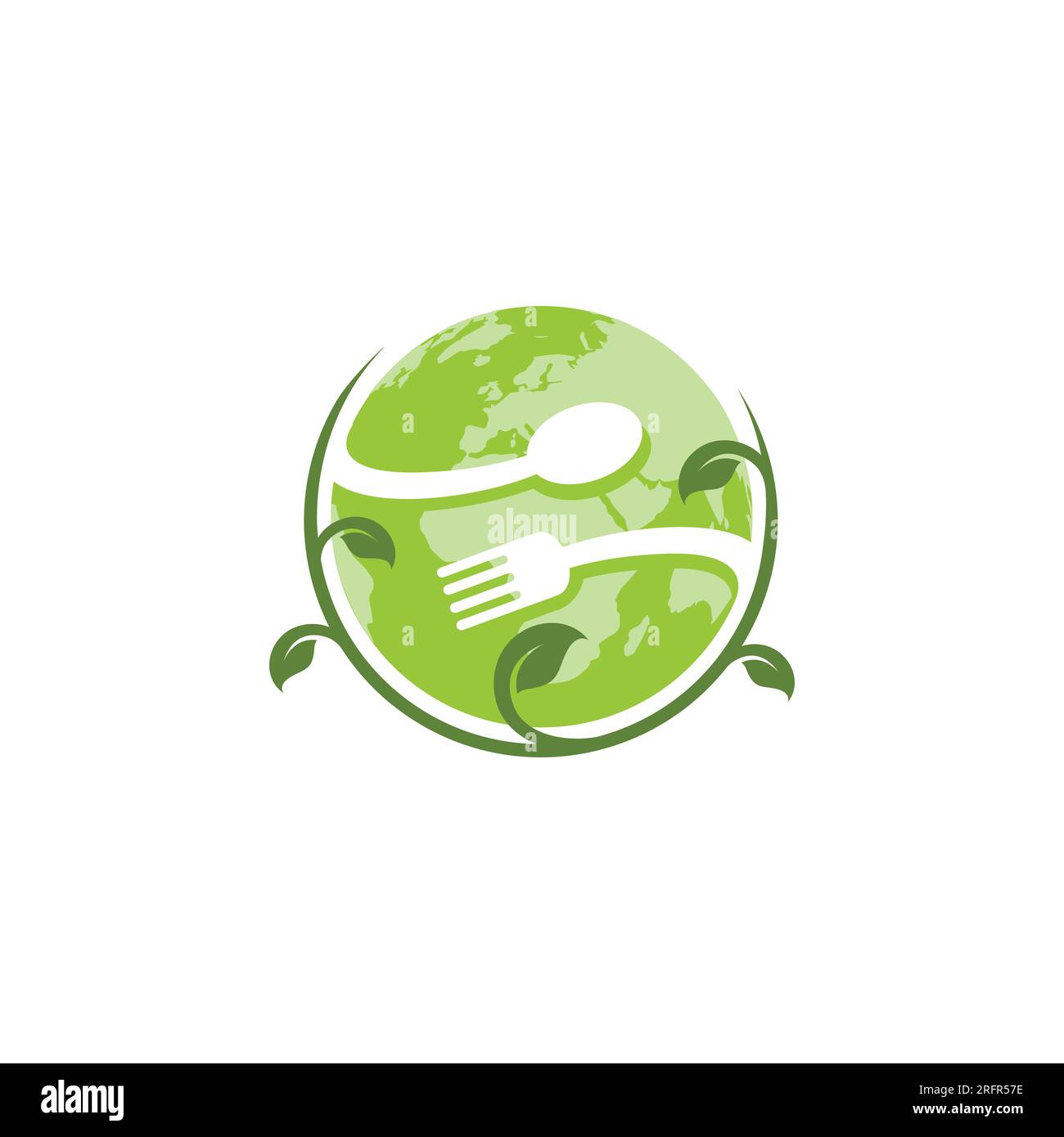 Vegetarier-veganisches Weltlogo-Symbol mit Globe-Vektorbild. Pflanzenbasiertes veganisches Öko-Symbol. Geeignetes vegetarisches Symbol Logo Blattpflanze Schild. Stock Vektor