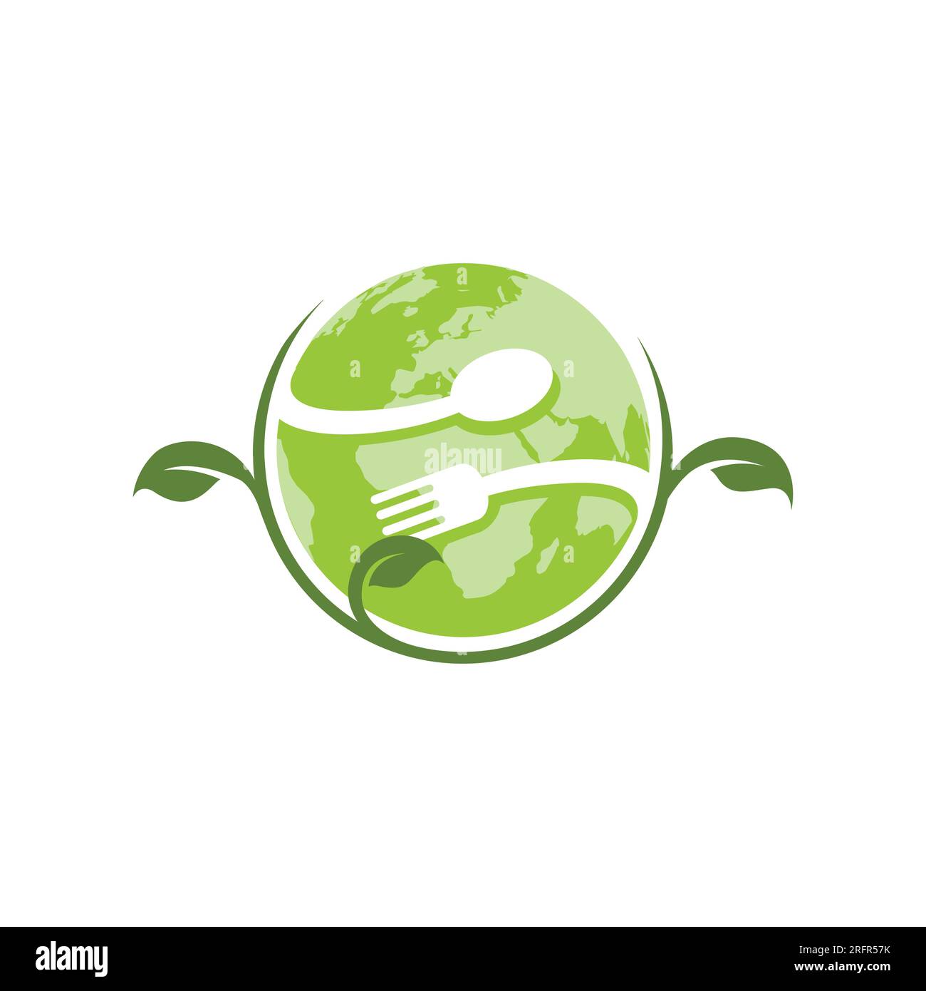 Vegetarier-veganisches Weltlogo-Symbol mit Globe-Vektorbild. Pflanzenbasiertes veganisches Öko-Symbol. Geeignetes vegetarisches Symbol Logo Blattpflanze Schild. Stock Vektor