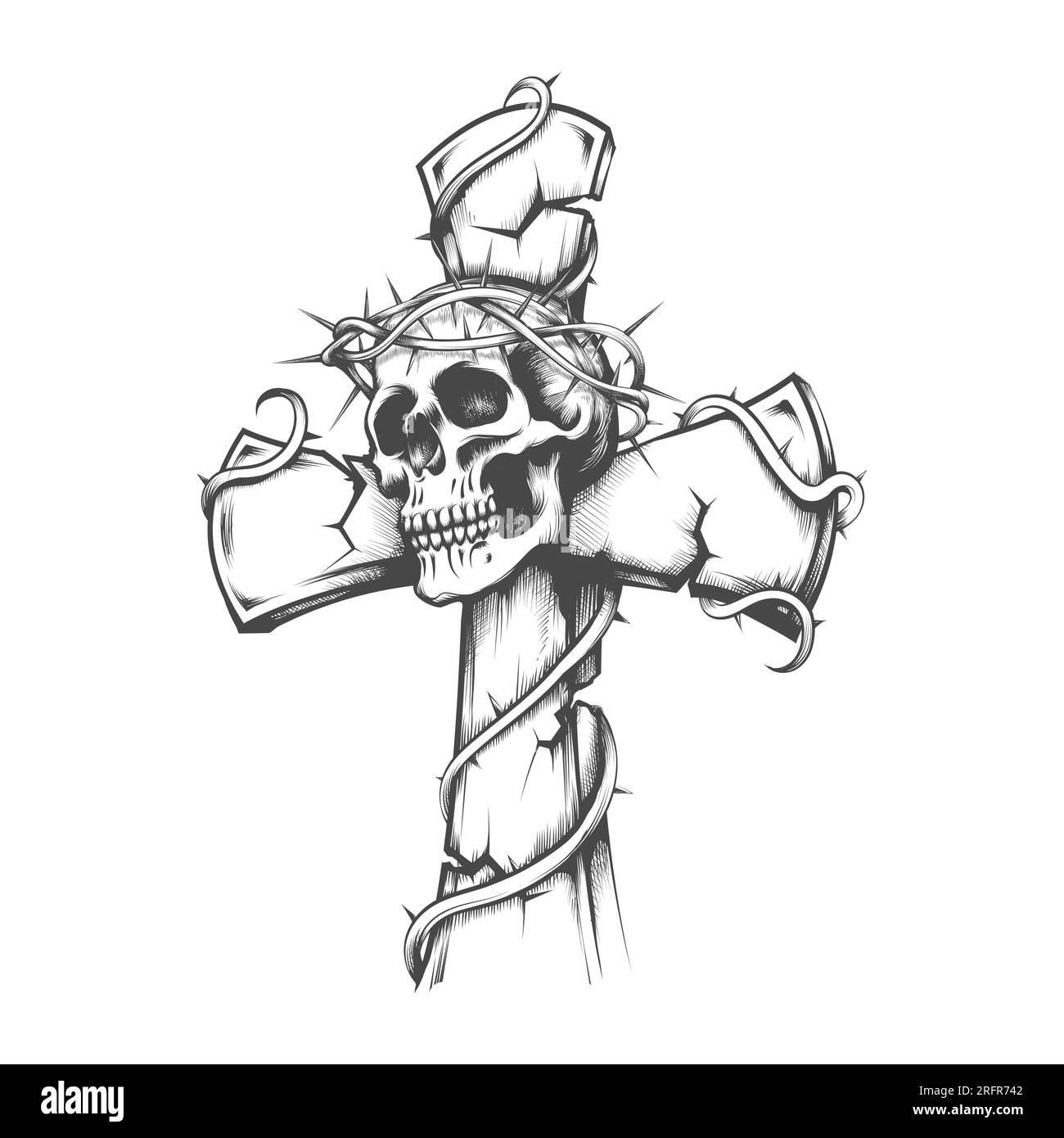 Gravur des menschlichen Schädels auf einem Grabkreuz, isoliert auf Weiß. Vektordarstellung Stock Vektor