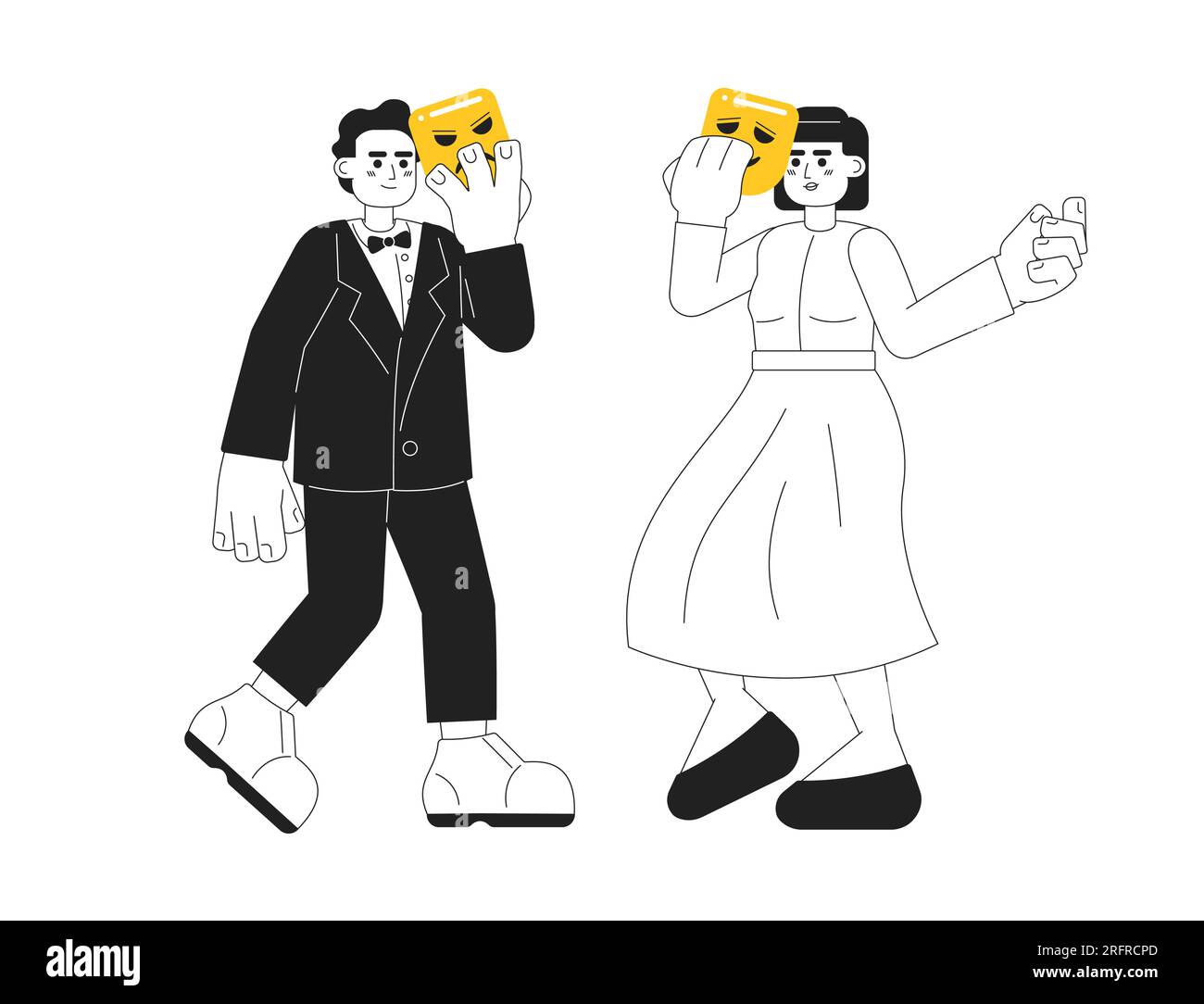 Theaterschauspieler mit Tragödie und Comedy maskieren monochromatische flache Vektorfiguren Stock Vektor