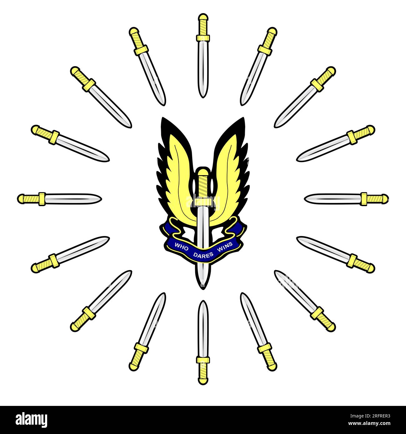 Eine Darstellung des Logos „Special Air Service“, isoliert auf weißem Hintergrund mit Knifee-Rand Stockfoto