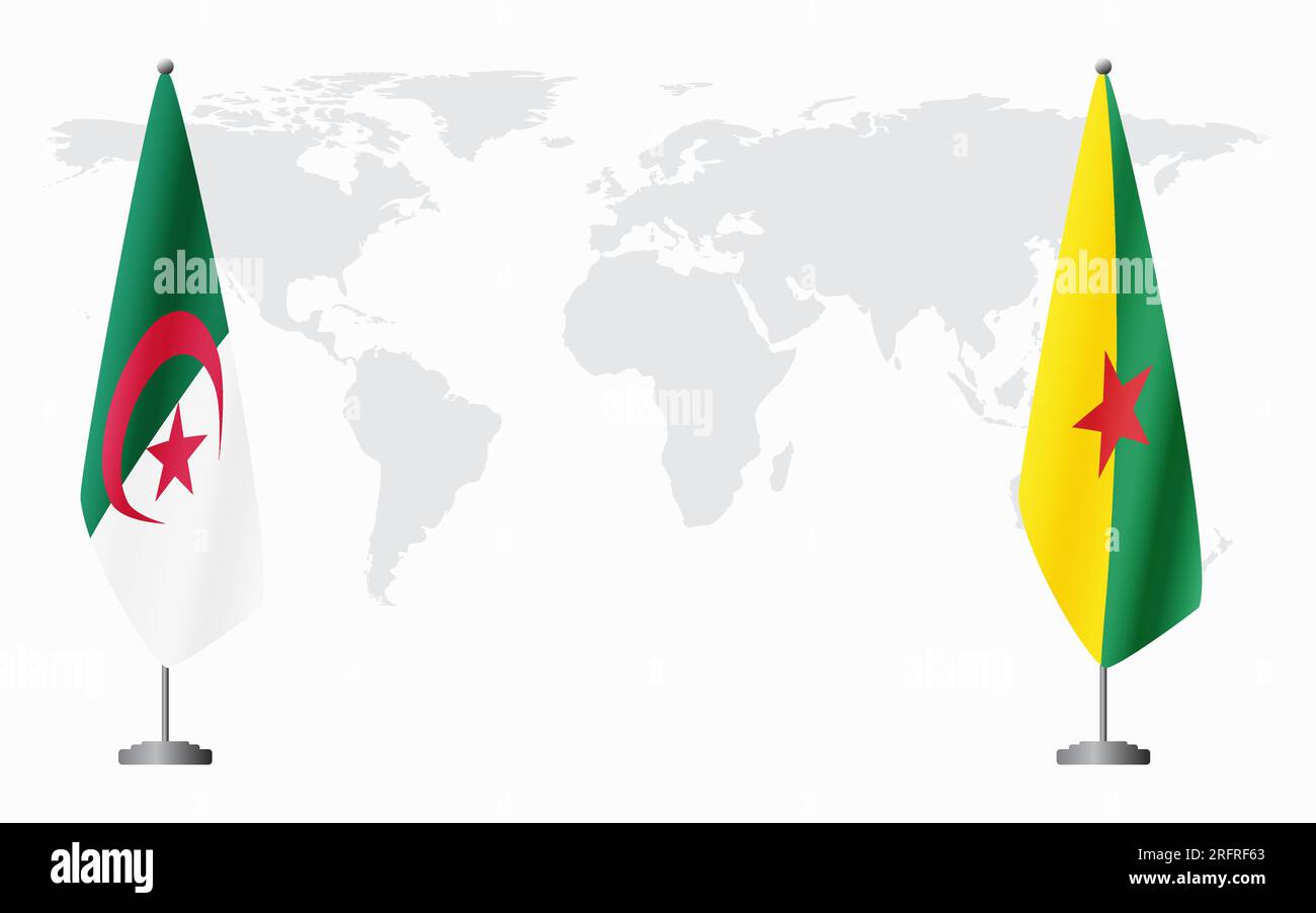 Flaggen von Algerien und Französisch-Guayana zur offiziellen Tagung vor dem Hintergrund der Weltkarte. Stock Vektor