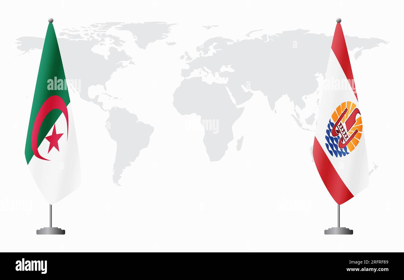 Flaggen Algeriens und Französisch-Polynesiens zur offiziellen Tagung vor dem Hintergrund der Weltkarte. Stock Vektor