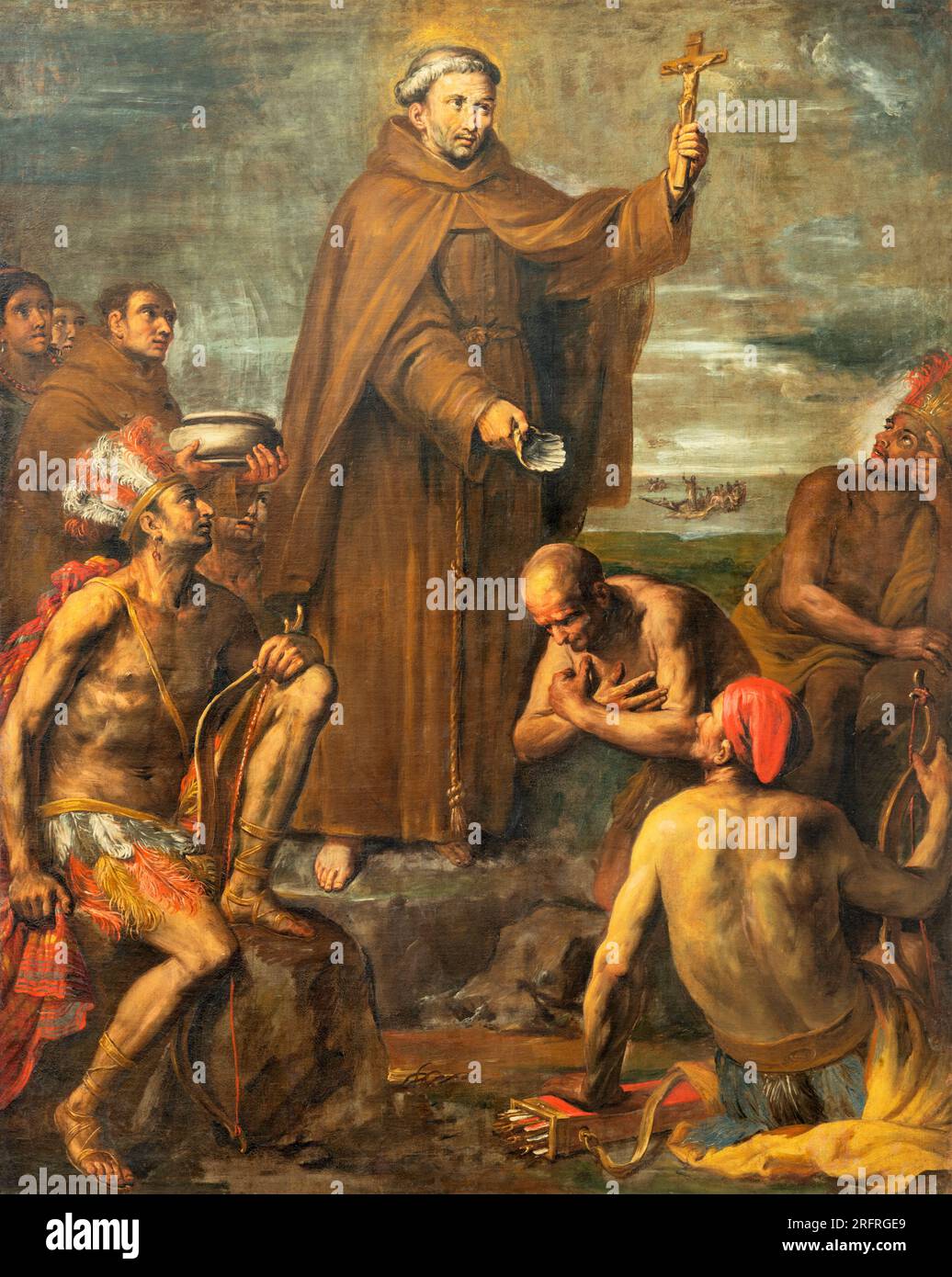 GENUA, ITALIEN - 6. MÄRZ 2023: Das Gemälde von St. Francis Solano taufte indianer in der Kirche Basilica della Santissima Annunziata del Vastato Stockfoto